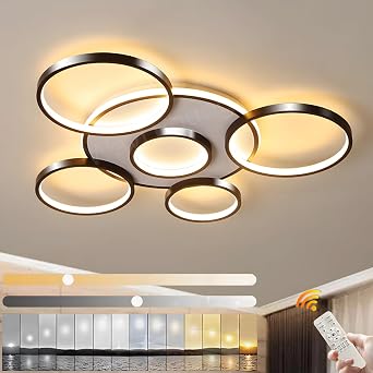 LED Ceiling Light | Modern 6-Rings Living Room Ceiling Lamp | Black Round Circle 86W/ 85cm | Bedroom Ceiling Lamps Fixture | 2700K-6500K Dimmable With Remote Control | Restaurant Indoor Ceiling Lamp [Energy Class A]