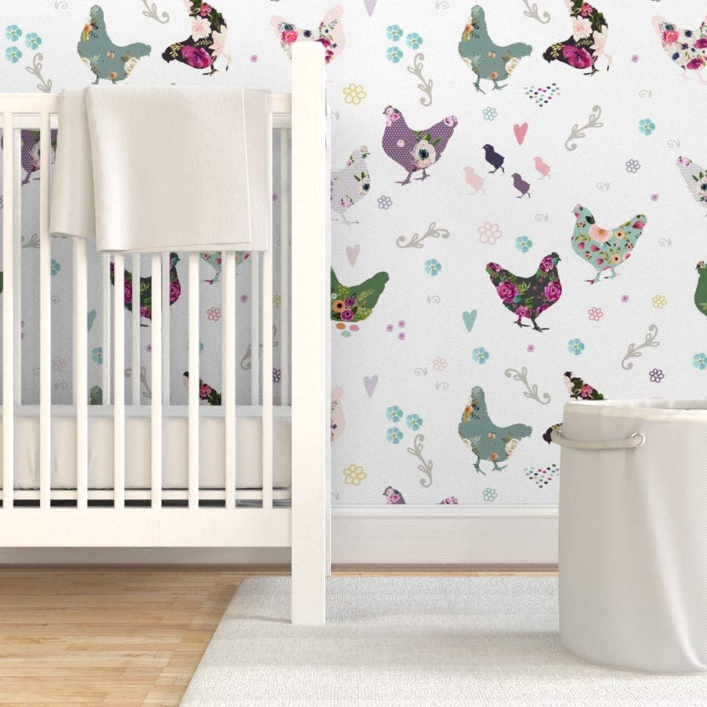 Peel & Stick Wallpaper 6ft x 2ft - Patchwork Pink Floral Flowers Country Hen Chicken Shabby Chic Custom Removable Wallpaper by Spoonflower