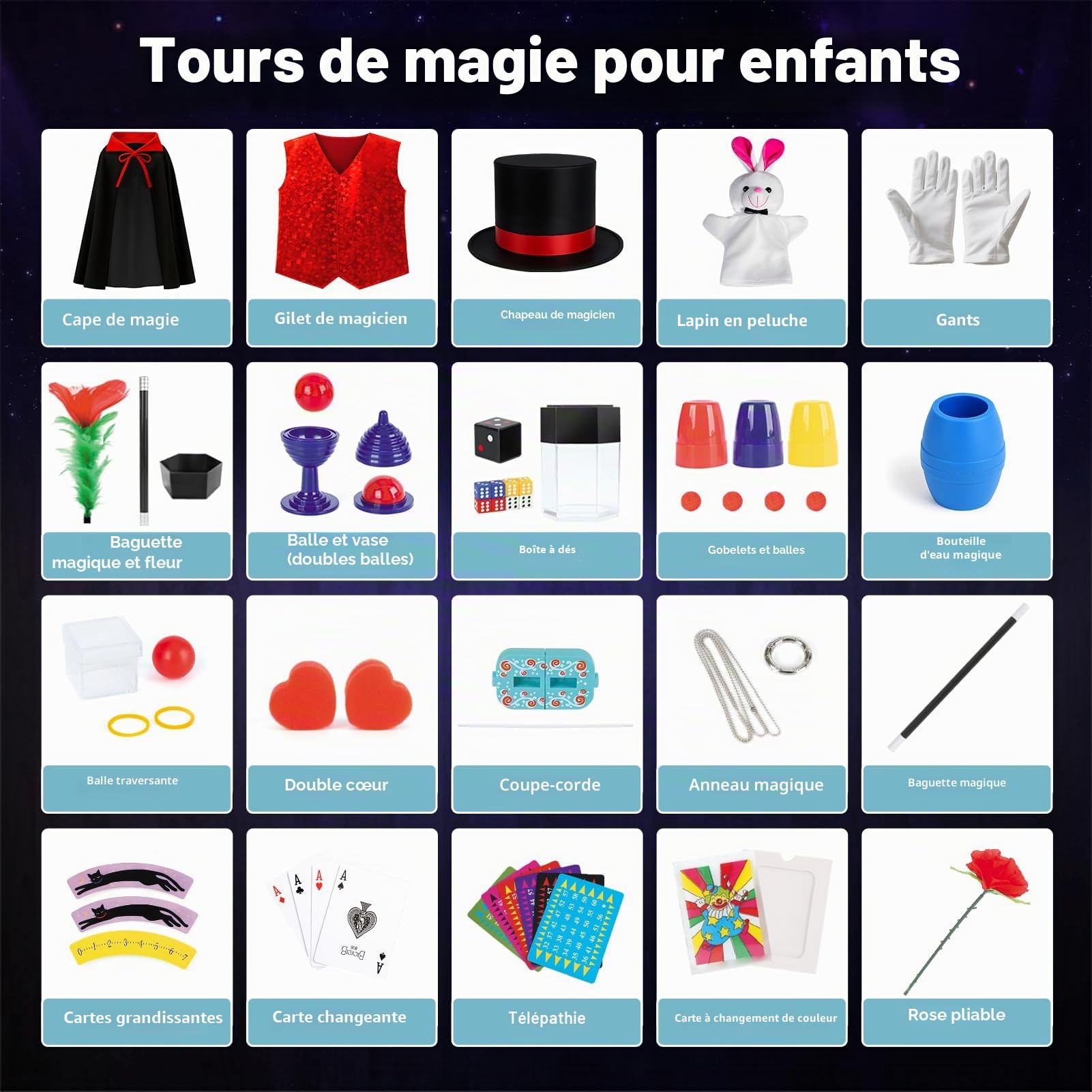 DINORUN Magie Jeux-Coffret Magie Enfant avec Chapeau Magique & Instructions & Déguisement de Magicien pour Enfants – Jeu de Rôle, Cadeaux Enfant 6 7 8 9 10 11 12 Ans