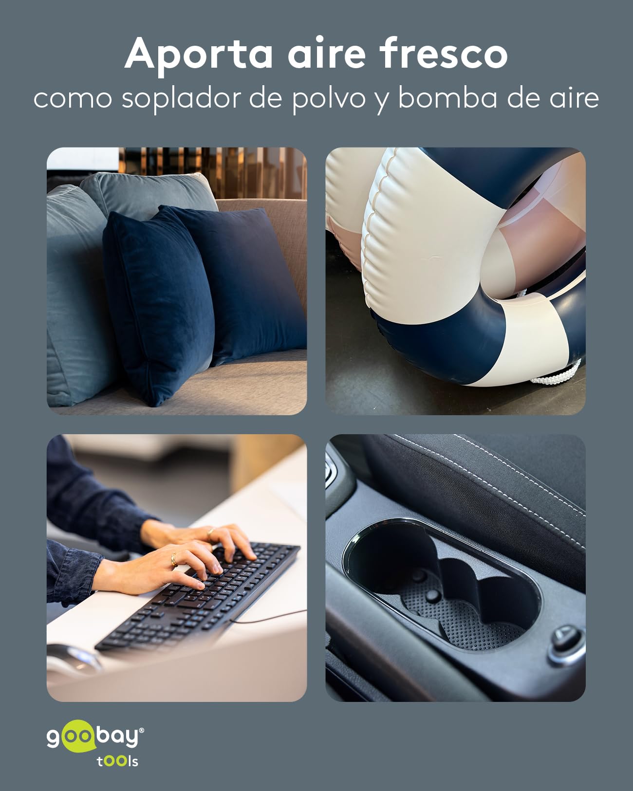 goobay Soplador de aire eléctrico, negro, inalámbrico, 100 W, 110.000 rpm, 3 niveles de potencia, con 8 boquillas, 3 cepillos y batería recargable USB-C, 77830
