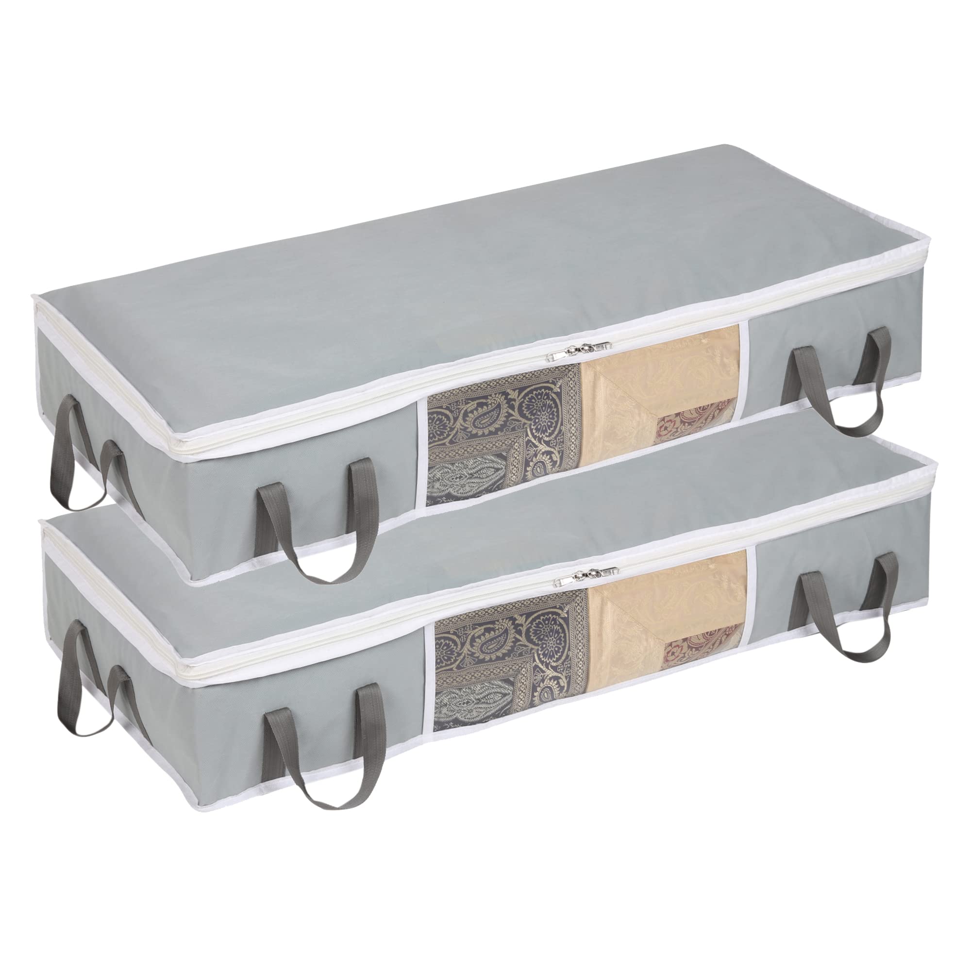 Double R Bags Big Under Bed Storage Organizer Multi Purpose For Shoe Saree Quilts Comforters Blanket Cloth Storage with Large Front Window - Reinforced Handles Zippered Organiser (Grey Set of 2)-image-35