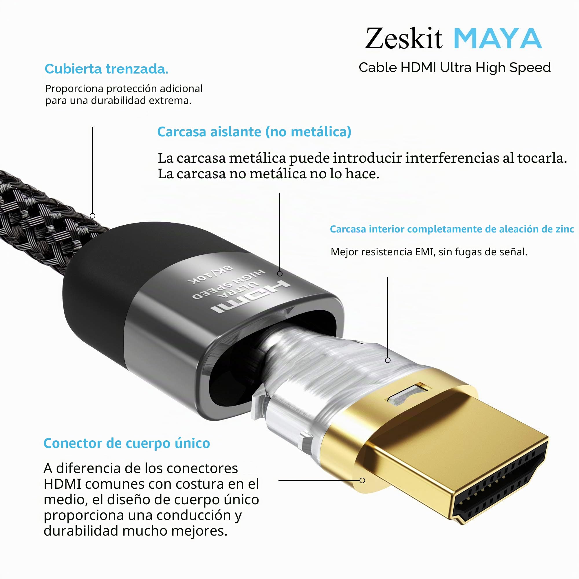 Zeskit Maya - Cable certificado HDMI 2.1 8K, 48 Gbps, 4K120 Hz, barra de sonido, eARC, HDR10, VRR, Dolby Vision, Atmos, HDCP 2.2/2.3, juegos, PS5, Xbox Series X, Apple TV, Roku, ultrarrápido, 1,5 m