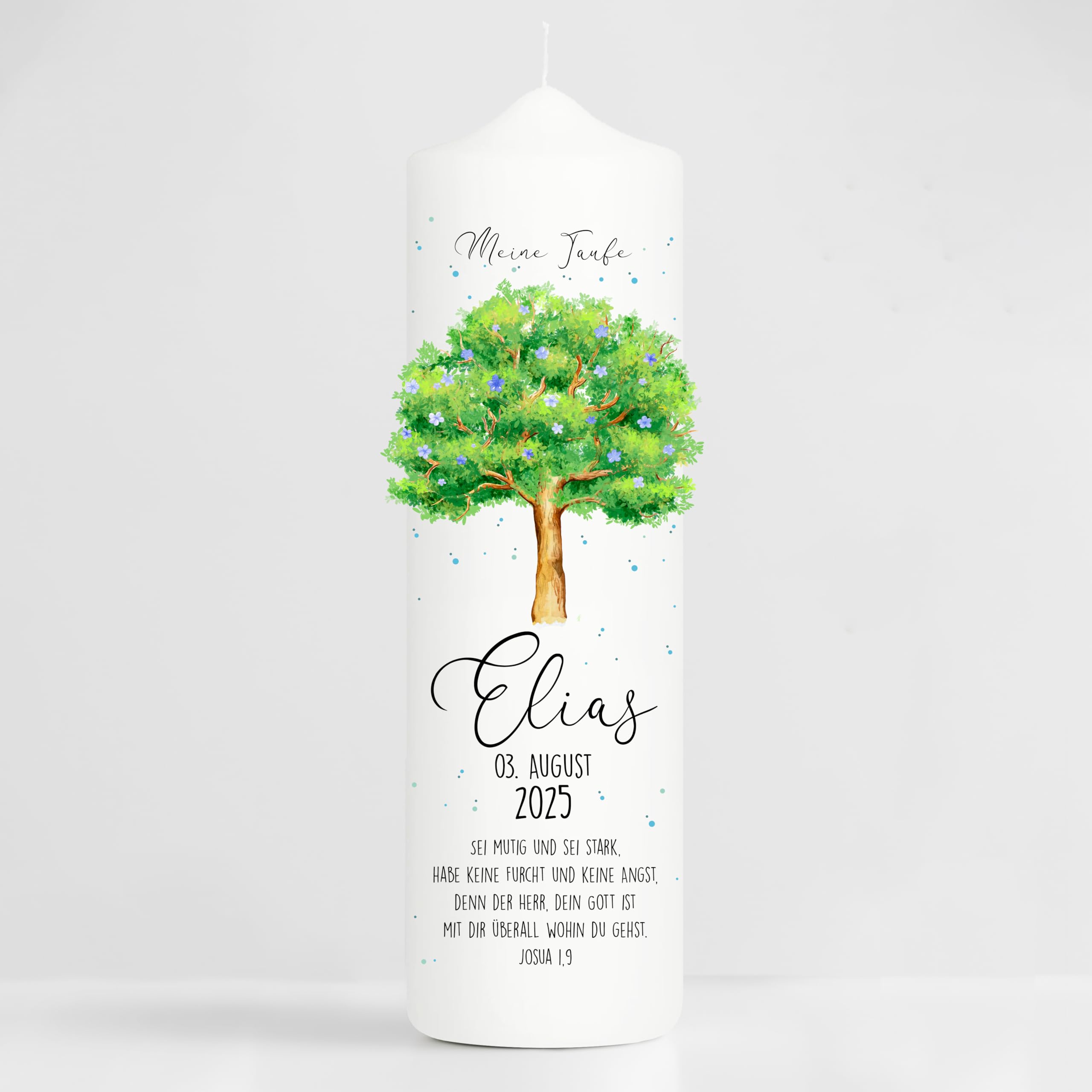 Wandtattoo Loft Taufkerze + Patenkerze Junge Motiv Lebensbaum mit Blüten, 25 cm x 7cm, personalisierte Kerze, bedruckte Kerze zur Taufe, Stumpenkerze, individuelles Taufgeschenk