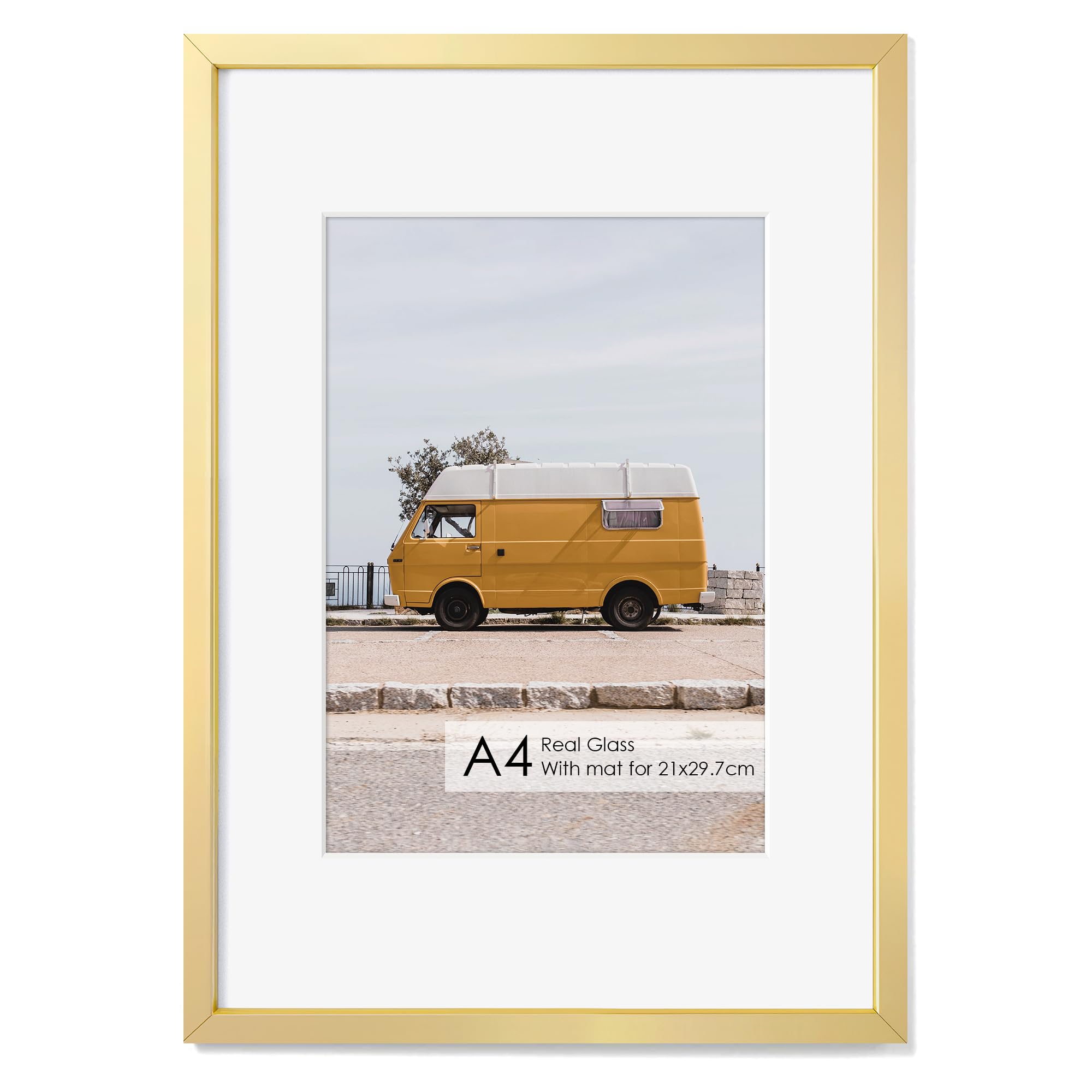 Fun Memories A4 Metal Picture Frame - 8.3 x 11.7 Aluminum Photo Frames with A5 Removable Mat- Ideal for Wall or Tabletop Display - Wall Hook Hanging Hardware Included (Gold, 1 Pack)