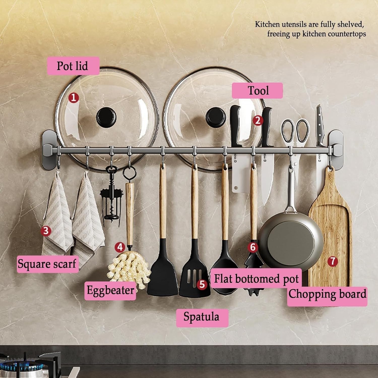 Ganci da Cucina Barra da Cucina con Ganci Portautensili Ganci da Cucina A Parete per Utensili, White, 50cm