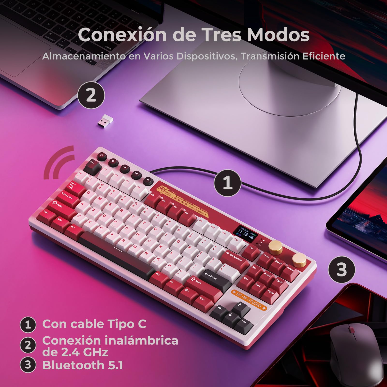RK M87 Teclado US 75% Gasket BT/2.4G/USB-C Pantalla Dual Knob RGB Hot-Swap