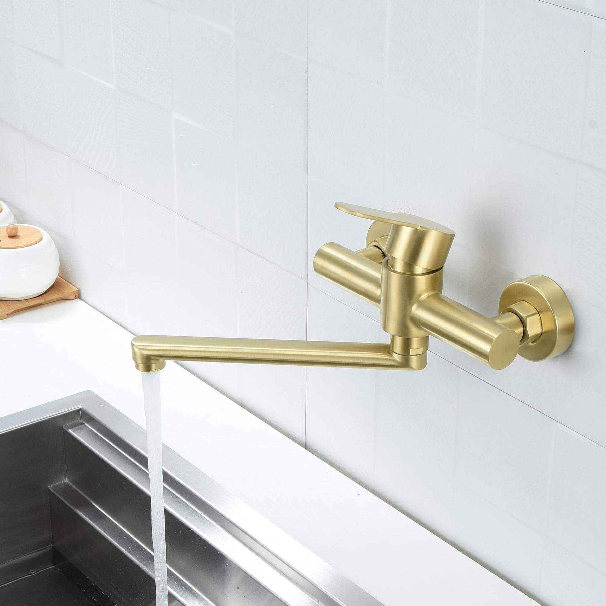 HomeLava Rubinetto oro spazzolato, Rubinetto cucina a muro, Miscelatore monocomando girevole a 360°， Acciaio inossidabile 304, Tubo rotante 23cm