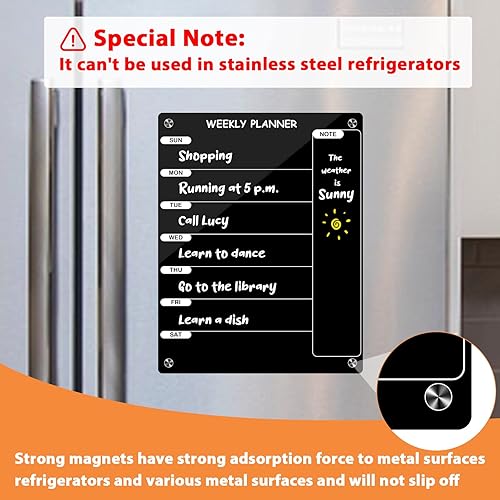 Miniatura 5 de Kamehame Pizarra semanal de borrado en seco para refrigerador, calendario semanal magnético para refrigerador, tablero de notas acrílico negro,