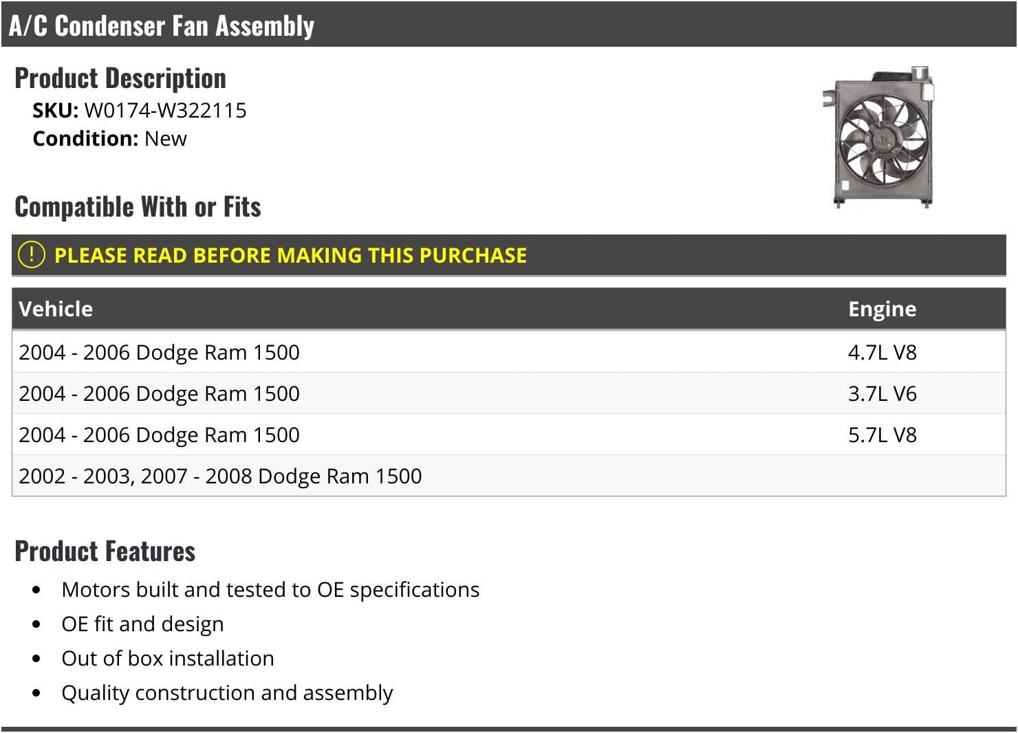 Marketplace Auto Parts A/C Condenser Fan Assembly Compatible with 2002-2008 Dodge Ram 1500