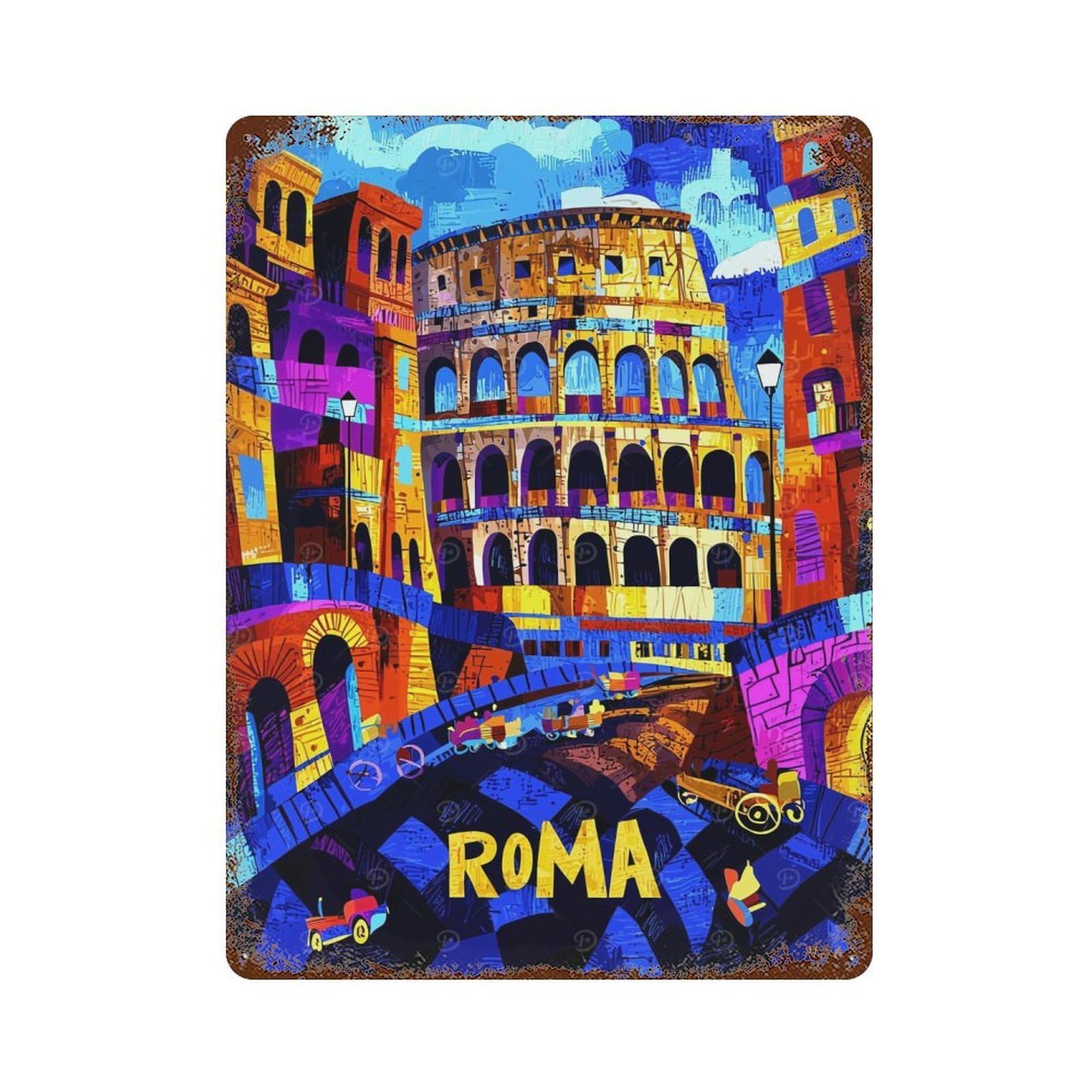 Rome Colosseum Colors – Vibrant Geometric Cityscape 15.7"x11.8" Rust Effect Tin Sign, Rustic Home Decor for Office, Studio And Wall Decor