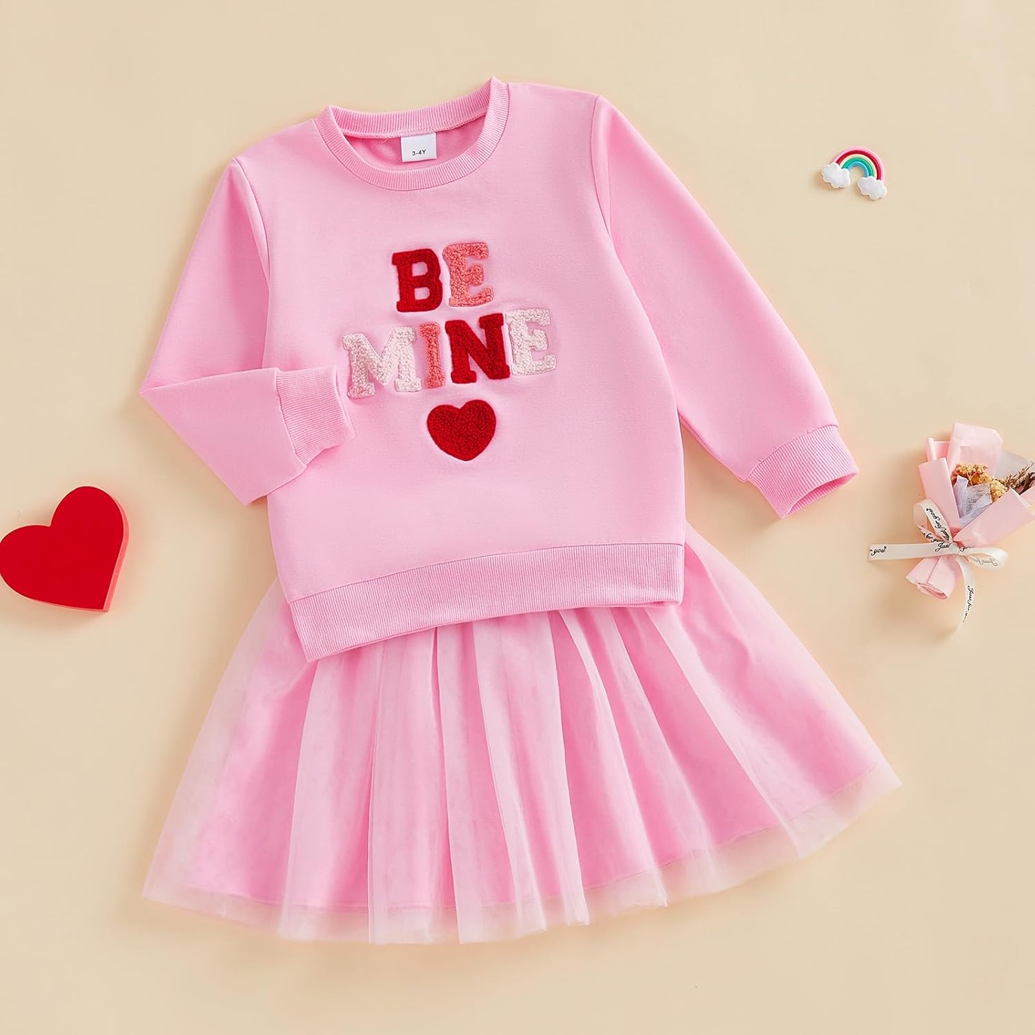 Toddler Valentines Day Outfit Girl BE MINE Heart Embroidery Sweatshirt & Tutu Skirt 2-Piece Set Casual Clothes - Image 5