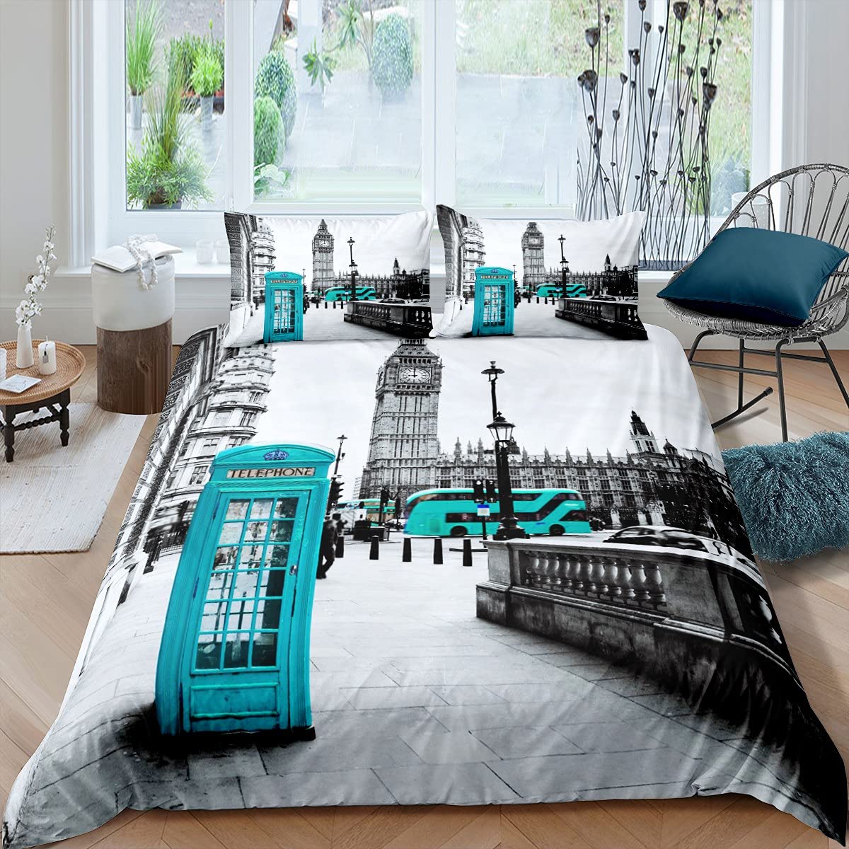 Feelingyou Boys Wws3316 London City Duvet Cover Set Single,Retro Grey Street Scenery Comforter Cover For Kids Bedroom Xmas Gift,Blue Telephone Booth Bus Bedding Set With 1 Pillowcase Bedspread