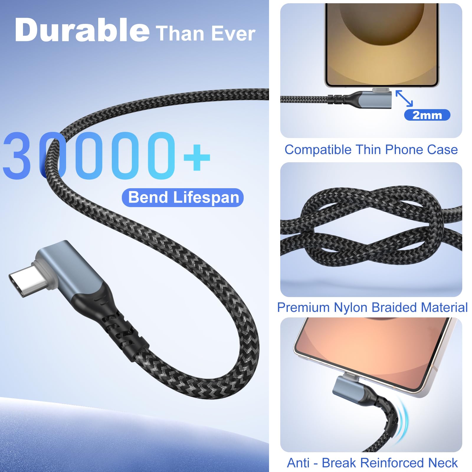 Kabel USB typu C 90 stopni, kąt prosty, długi nylonowy oplot, szybki kabel USB-A na USB-C, kompatybilny z Samsung Galaxy S20, S10, S9, S8, Note 8, LG G8, tabletami, czarny × 2