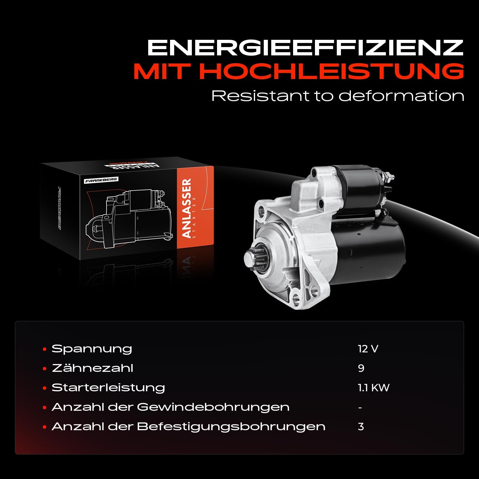 Frankberg Anlasser Starter Anlasser Auto 1,1 KW/12 V/9 Zähnezahl Kompatibel mit Golf IV 1J1 1.4L Golf IV 1J1 1.6L A3 8L1 1.6L Replace# 17781,020911023F