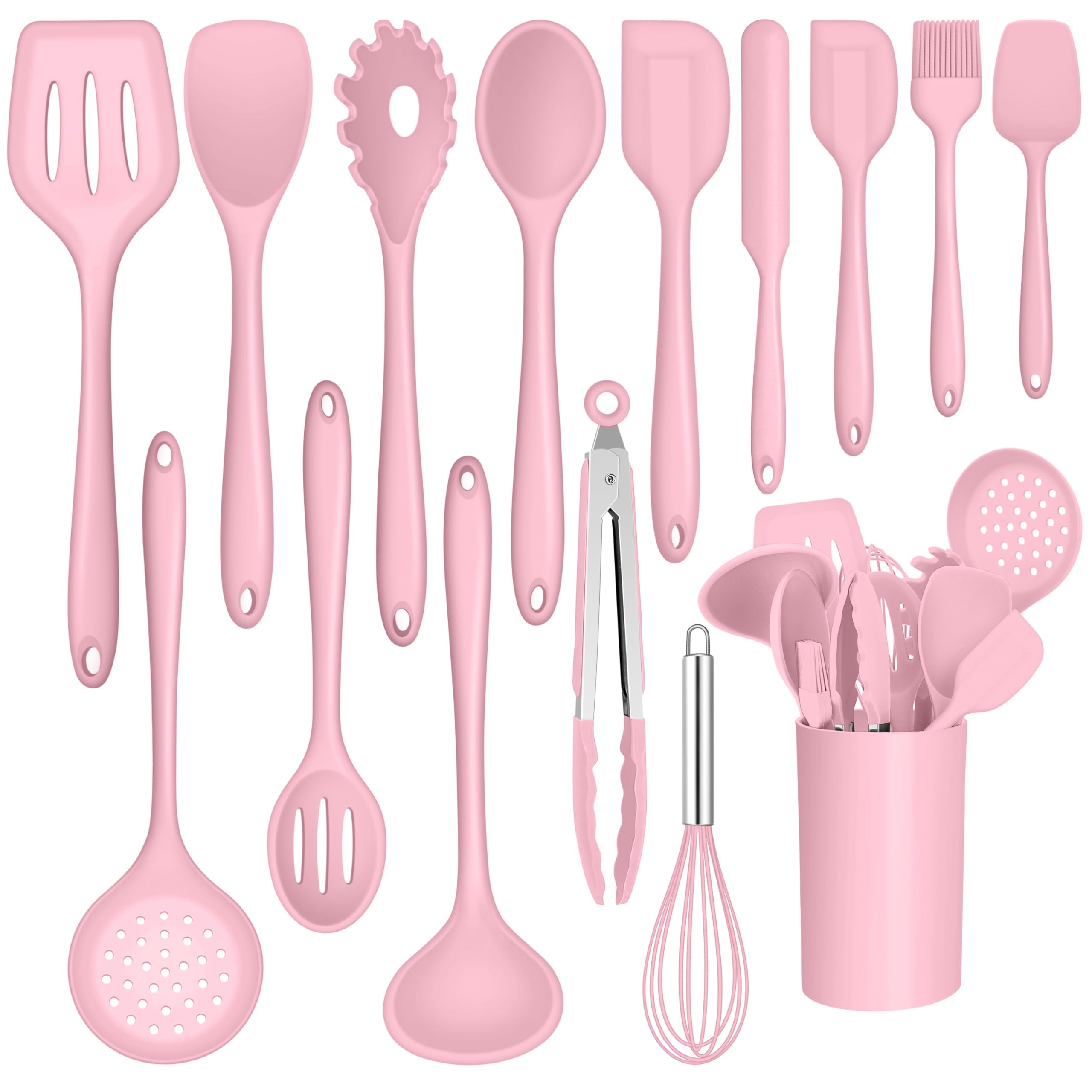 Joyfair Juego de utensilios de cocina, 15 piezas, de silicona, resistente al calor, con soporte para utensilios, antiadherente, apto para lavavajillas, color rosa