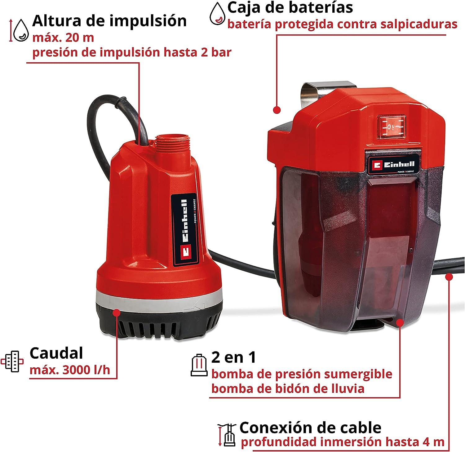 Einhell Bomba de agua clara con batería GE-PP RB Li-Solo Power X-Change (18 V, caudal máx. 3000 l/h, 2 bar, tubo de conexión telescópico sin escalonamiento, sin batería ni cargador)