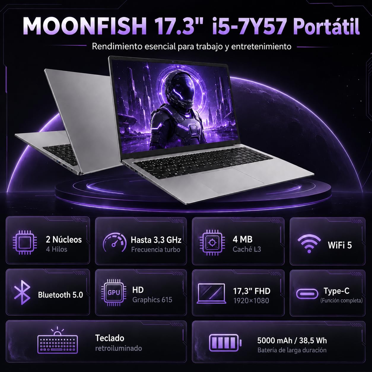 Portátil con Pantalla Grande de 17,3 Pulgadas, i5 7Y57, 16GB RAM, SSD 512GB