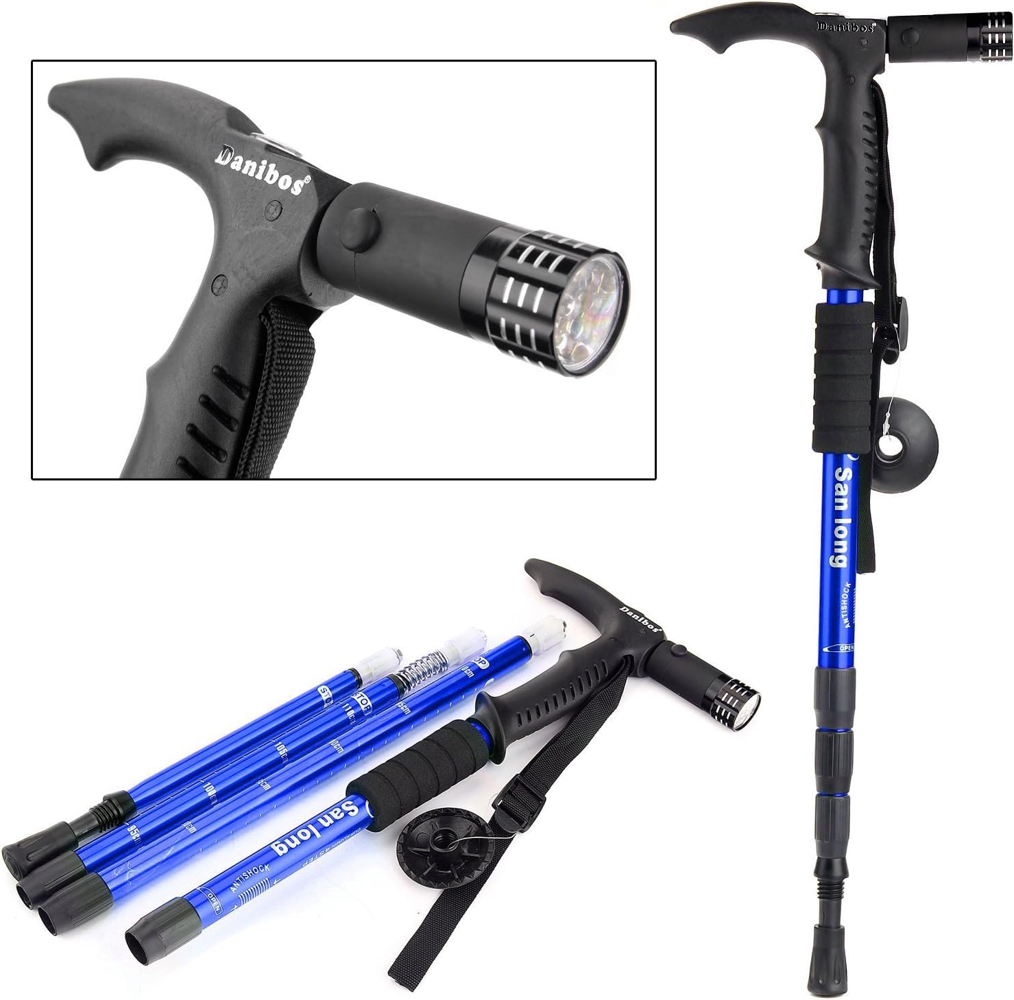 Homesoul 4-Step Adjustable Anti-Shock Telescopic Hiking Walking Stick with LED Flashlight and Batteries Included (Assorted Colour)