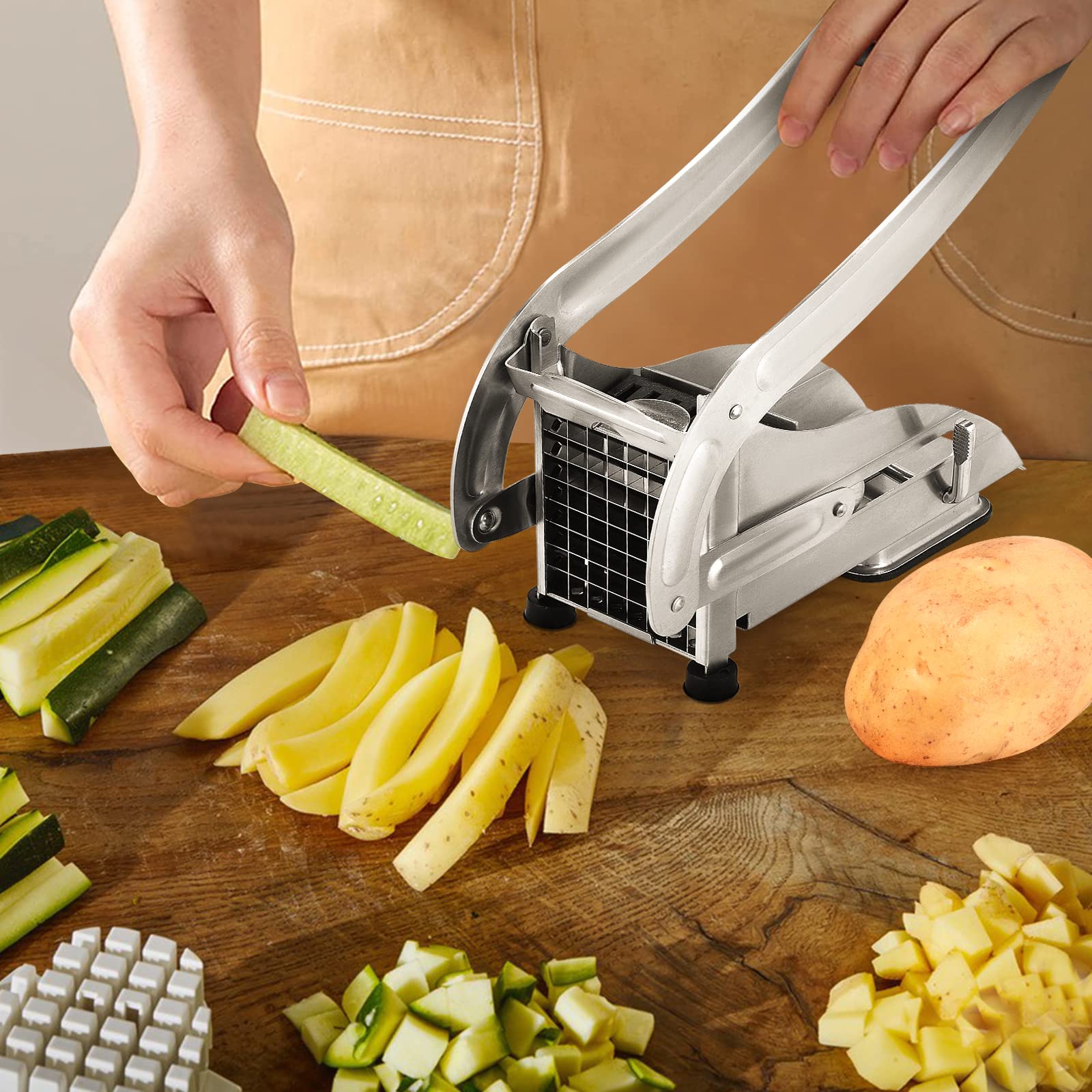 Weigudoc Tagliapatate in Acciaio Inossidabile, tagliapatatine Manuale con 2 Lame di Ricambio (12 mm e 9 mm), tagliapatatine Fritte con Piedini Antiscivolo, tagliapatatine per Frutta e Verdura