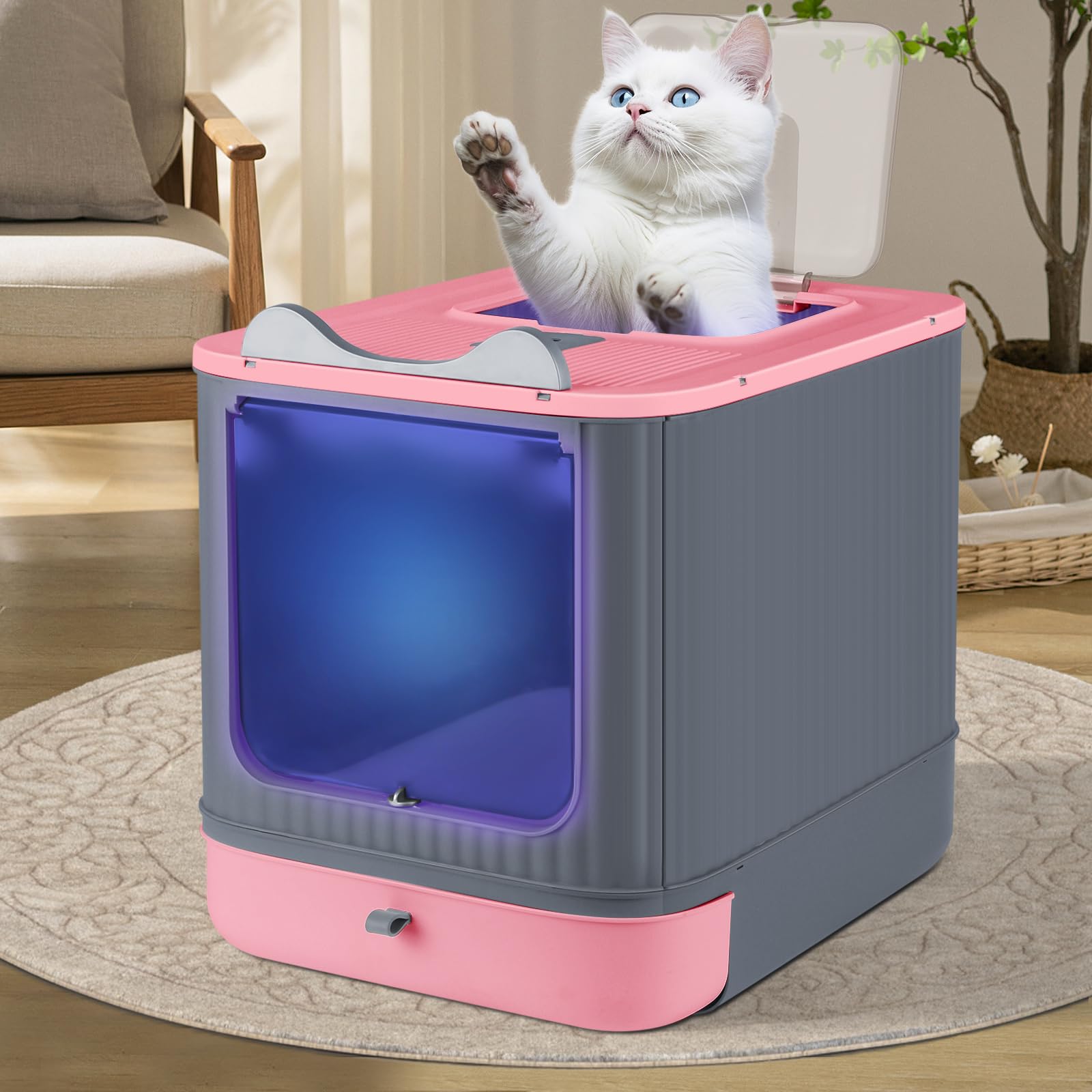 Bac à litière pour chat avec pelle, bac auto-nettoyant, désinfection UV, bac anti-fuite, fond anti-fuite (rose + gris)