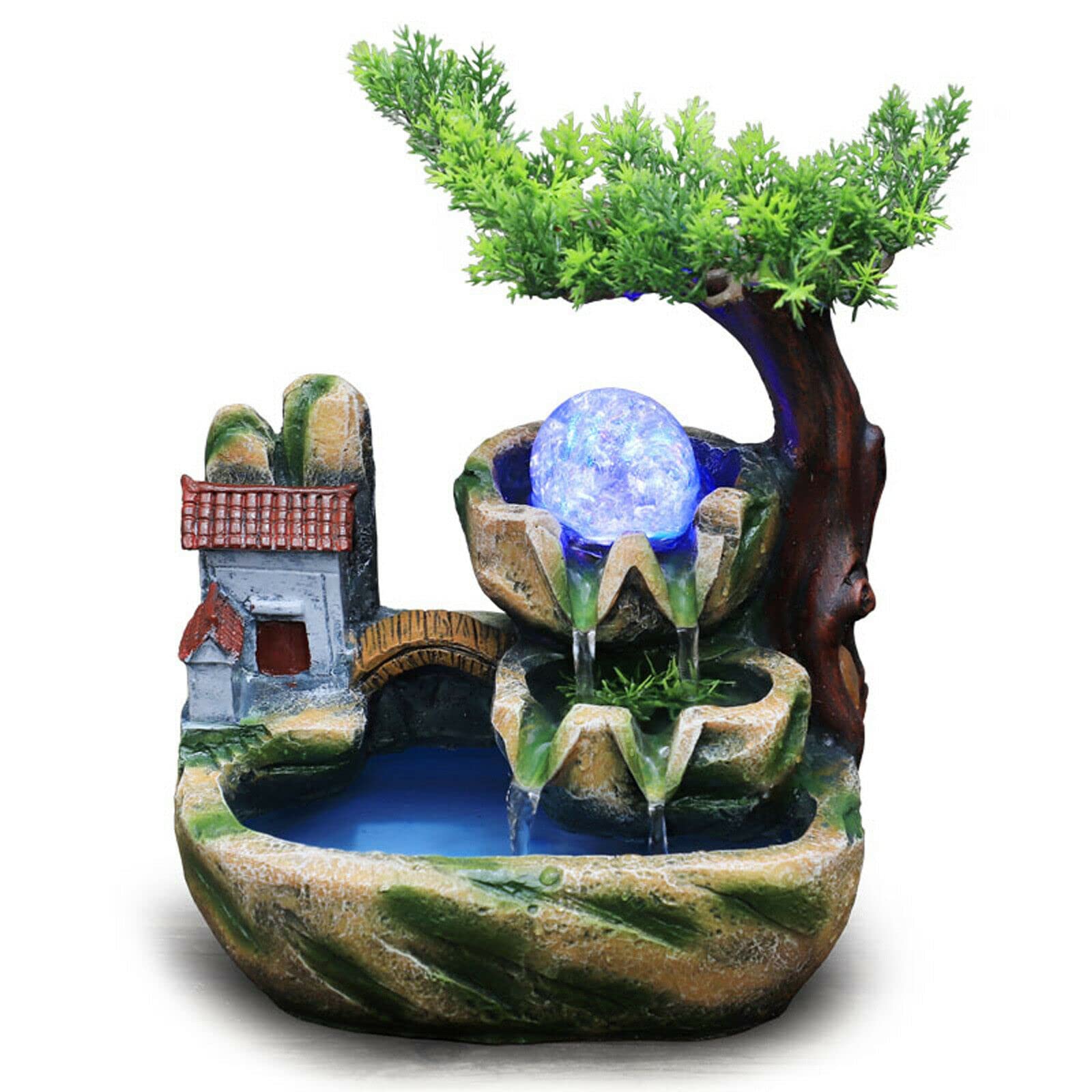 Fetcoi Indoor Fountain Green Plant Fountain Garden Fountain LED Illuminated Table Fountain Water Play Decoration, Zen Light Room Fountain with Plants