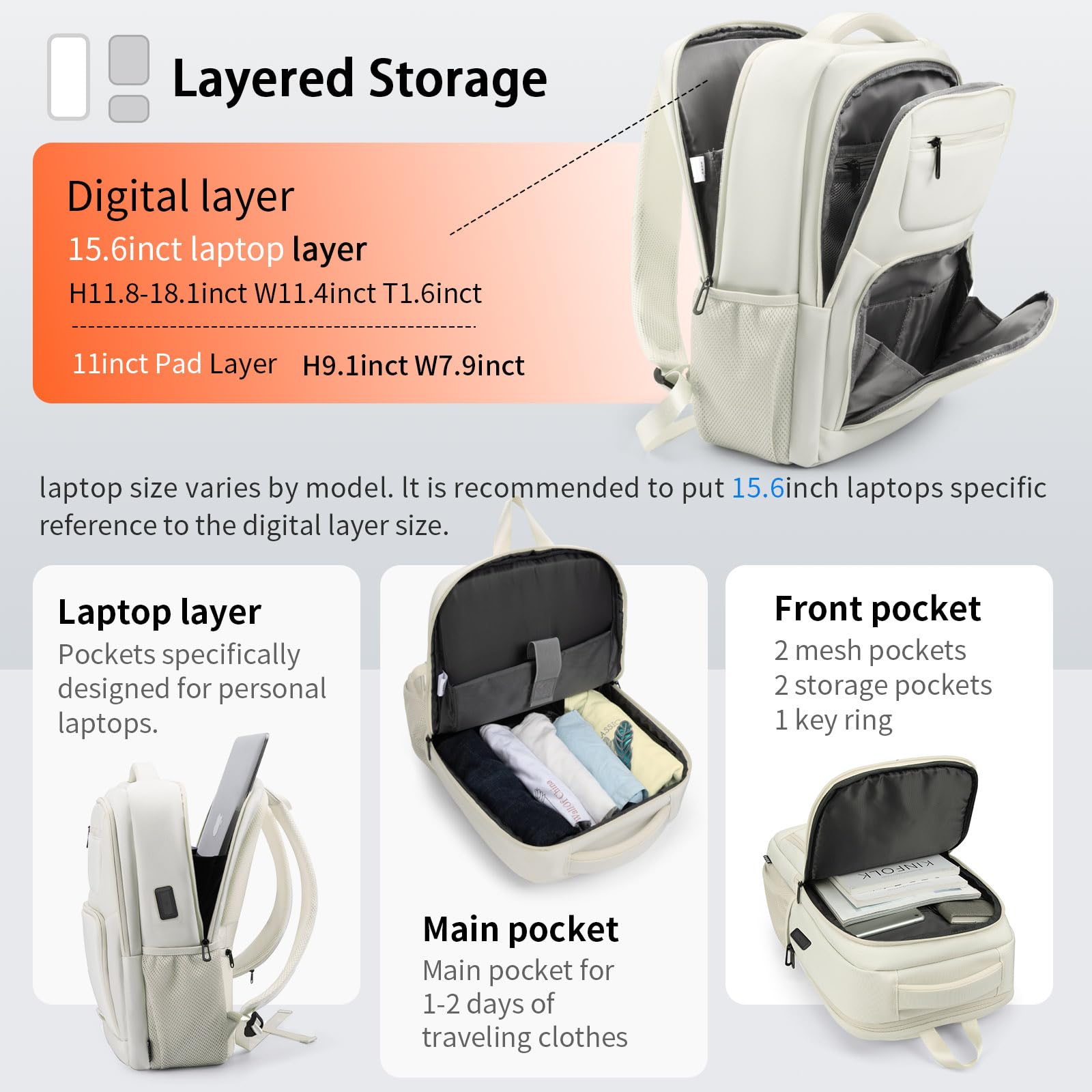 BJIAX 35 Litri Impermeabile 15.6 Pollici Zaino Uomo per PC Portatile con Caricatore USB Zaino da lavoro per Laptop, Computer, Notebook, Viaggio Regalo Uomo - Beige