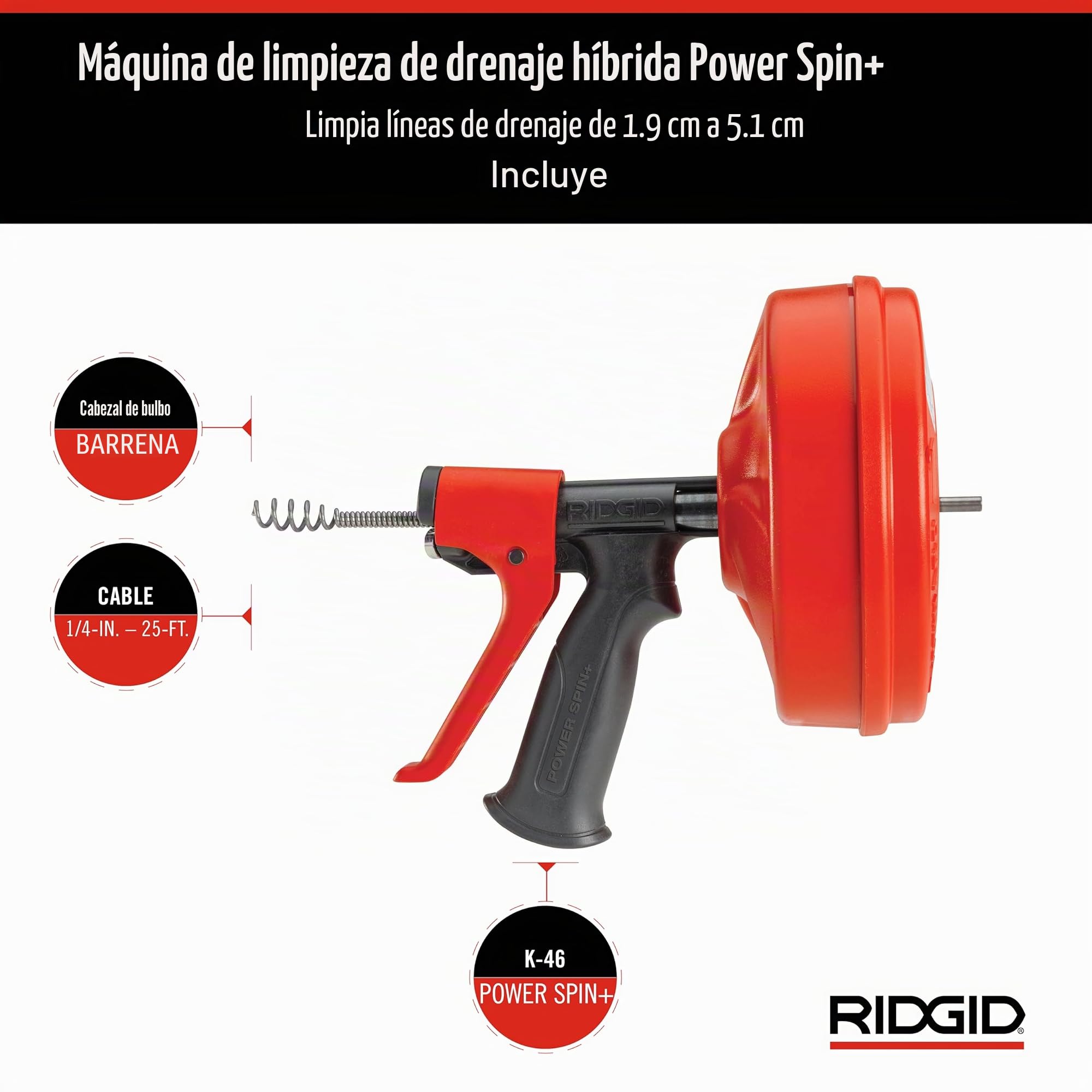 RIDGID 57043 Power Spin con AUTOFEED, Cable limpiador de desagües Maxcore y Cable helicoidal de bombilla para limpieza de desagües para eliminar obstrucciones en desagües