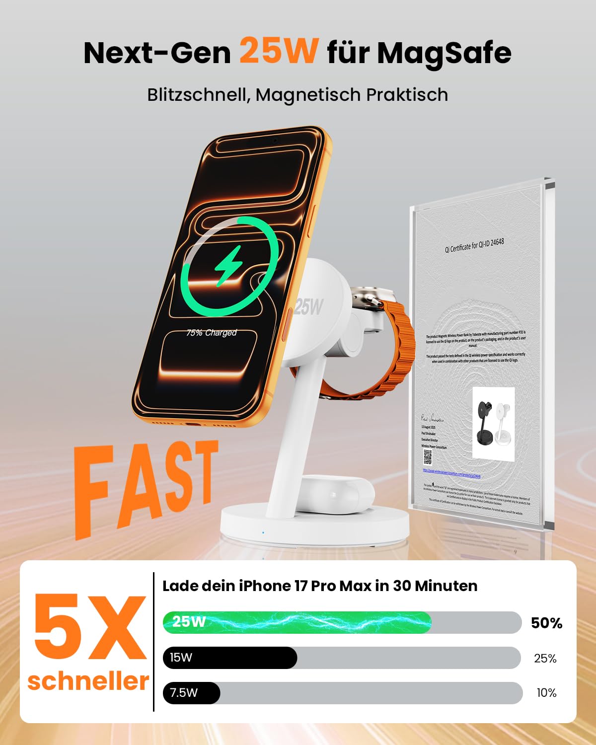 JoyGeek - Caricabatterie wireless Qi2.2, 25 W, 4 in 1, stazione di ricarica rapida magnetica per S26/S25 Ultra/Z Fold Flip7, Watch 8 Ultra/7/6/5 & Buds 4/3 Pro, alimentatore di rete da 45 W incluso