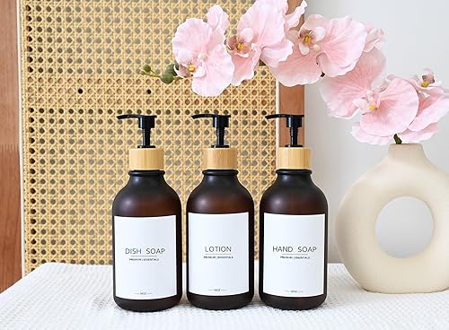 Miniatura 6 de Botellas de plástico esmerilado para champú y acondicionador, dispensador de boticario, bomba de bambú, botellas recargables para loción de ducha,