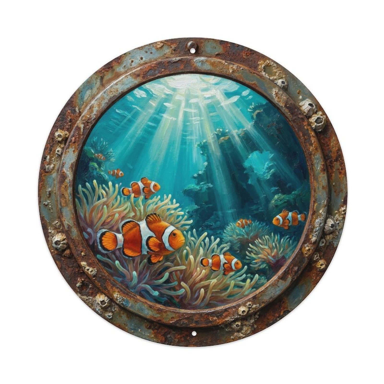 Fyrn Style Metal Tin Sign Vintage Porthole Clownfish Anemone Ship Window Undersea Deep Sea