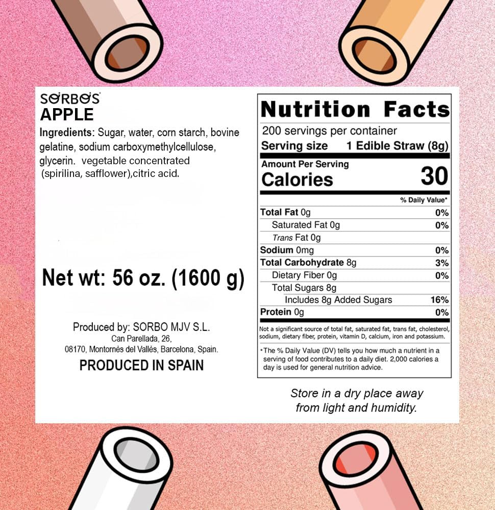 Sorbos Edible Straws, Apple Flavored, Sustainable, Individually Wrapped, No Plastic, No Allergens, No Gluten, No PFAS, Eco Friendly, 7.4 inches long (Pack of 200)