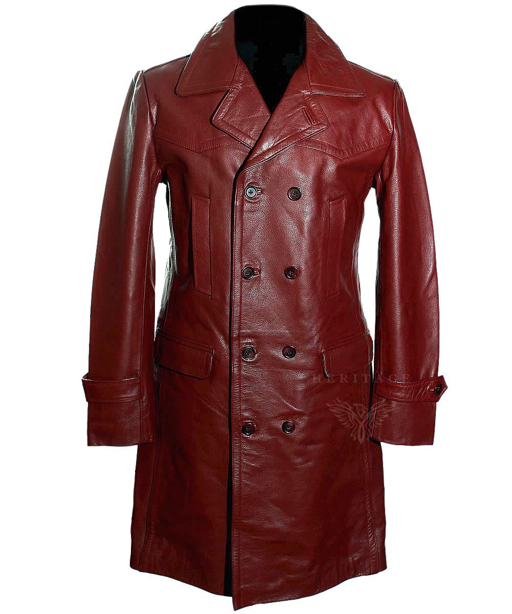 H.E U-BOAT Maroon/Red Men's Knee Length WW2 German Kriegsmarine Military Cowhide Leather Long Winter Coat (SIZES: XS TO 5XL Available) (XL)