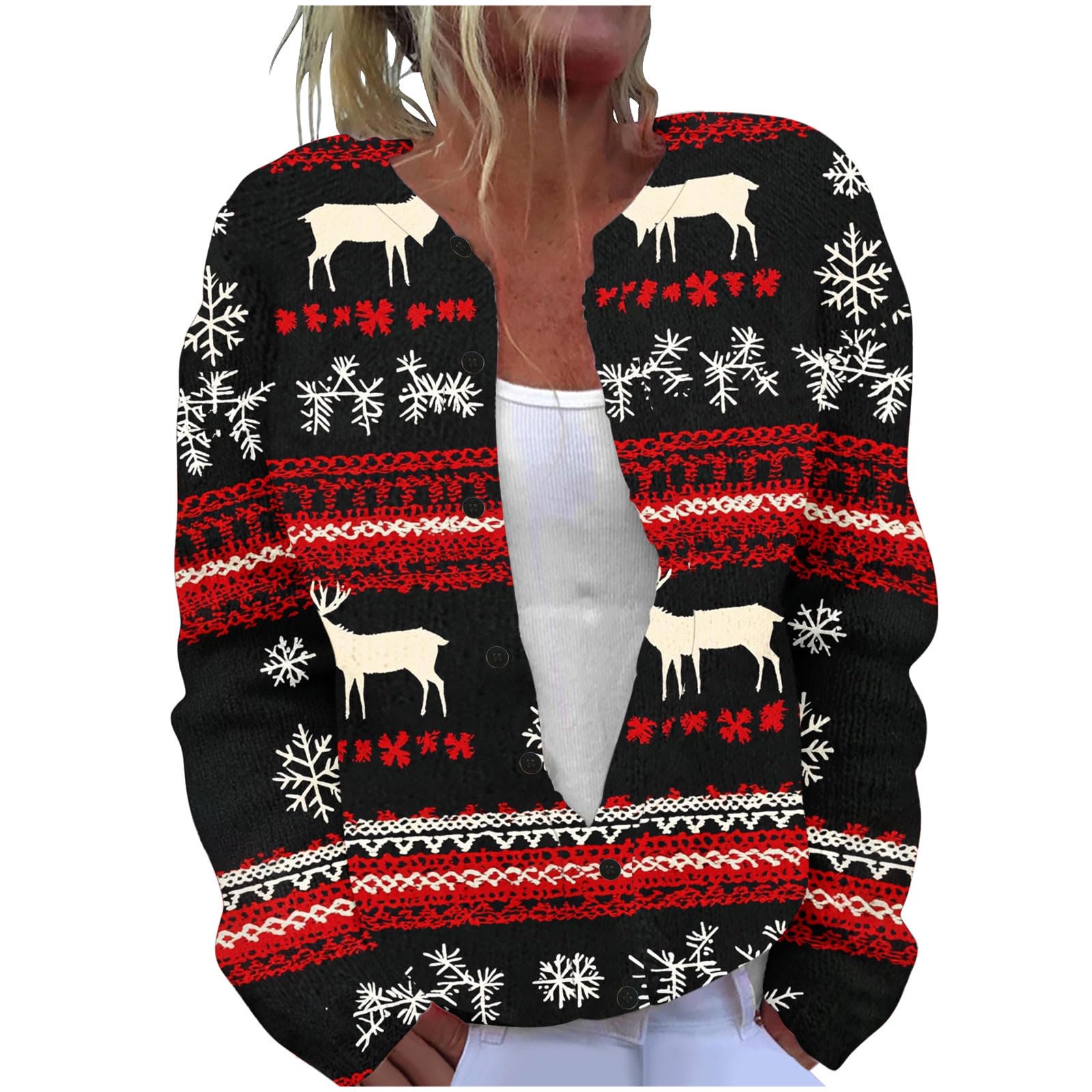 Women Christmas Cardigan Sweater Open Front Knit Coat Reindeer Snowflake Print Long Sleeve Holiday Outwear