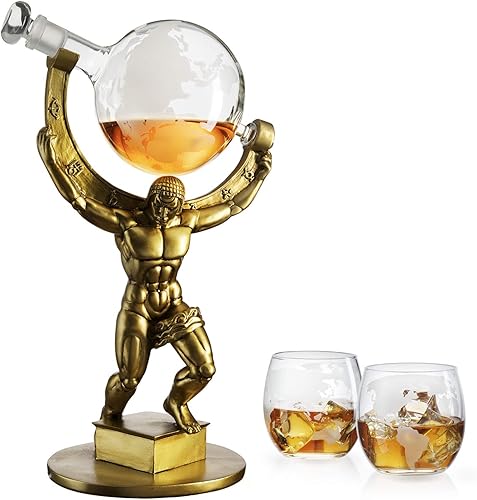 The Wine Savant Atlas Bronze World Globe - Juego de decantador de whisky de 15 pulgadas de alto, con 2 copas de mundo, para whisky, escocés,