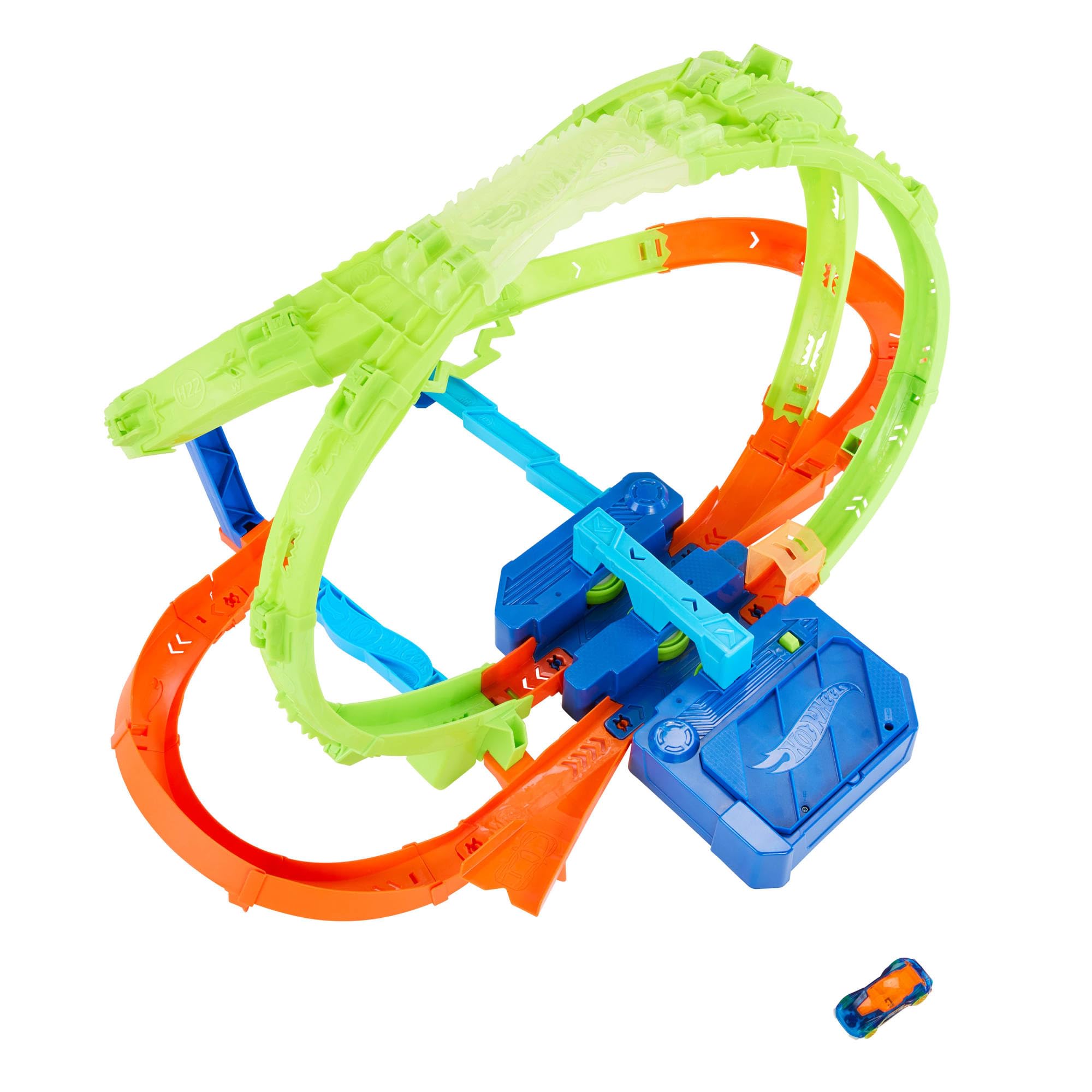 Hot Wheels Stunt Tracks Scontri nell'Ipersfera Set scontri e macchinina | Lanciatore motorizzato lancia il veicolo scala 1:64 in un loop rovesciato, 2 zone di scontro, Speed Snap Track, JTC74