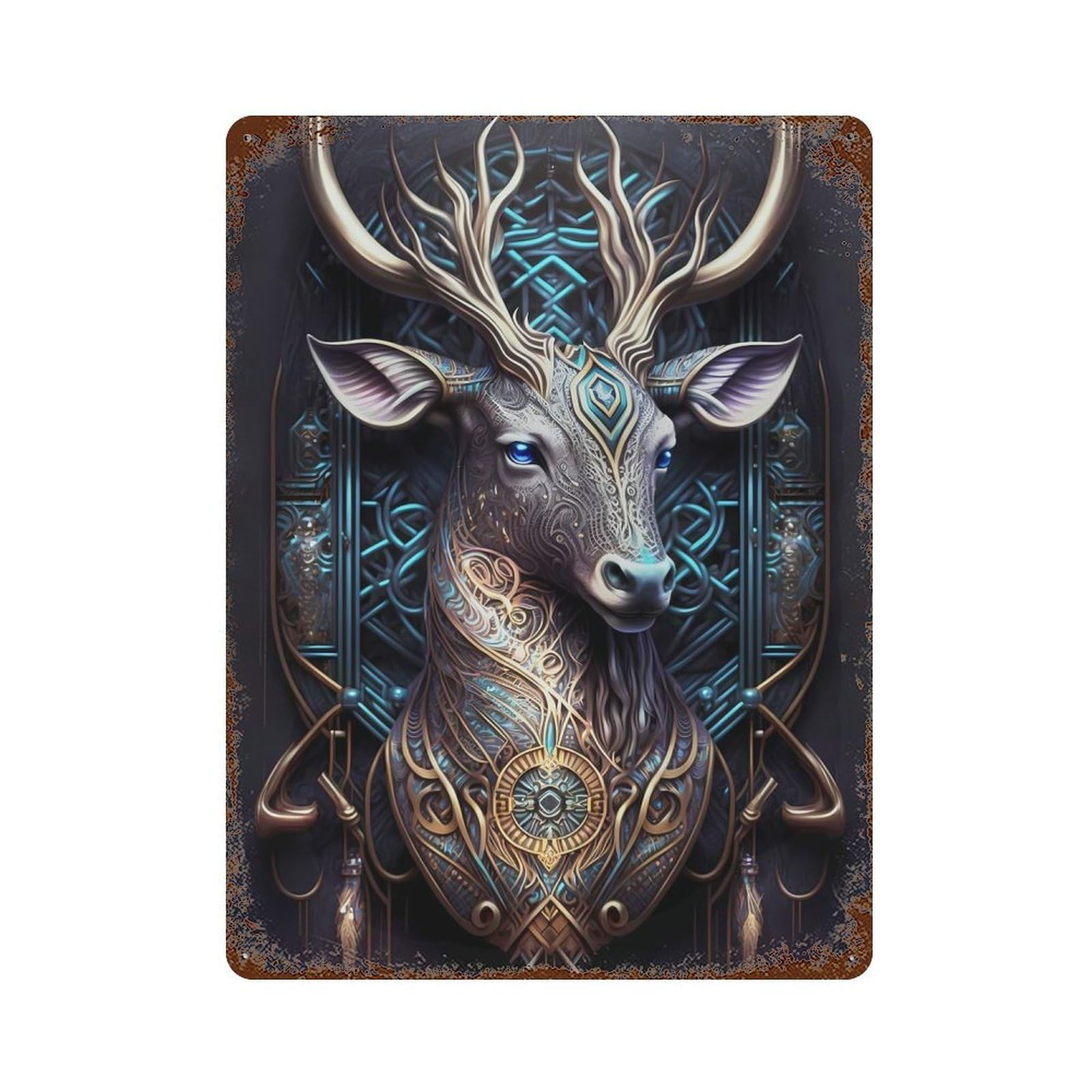 Distressed Metal Wall Sign with Spiritual Cosmic Deer Design 15.7"x11.8", for Garage, Bar And Workshop Decor, Vintage Wall Decor