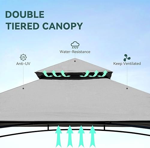 Miniatura 3 de FUNG YARD Gazebo de parrilla de 8 x 5, cenador de patio de doble techo con 2 prácticos estantes, marco de acero resistente, 7 herramientas de