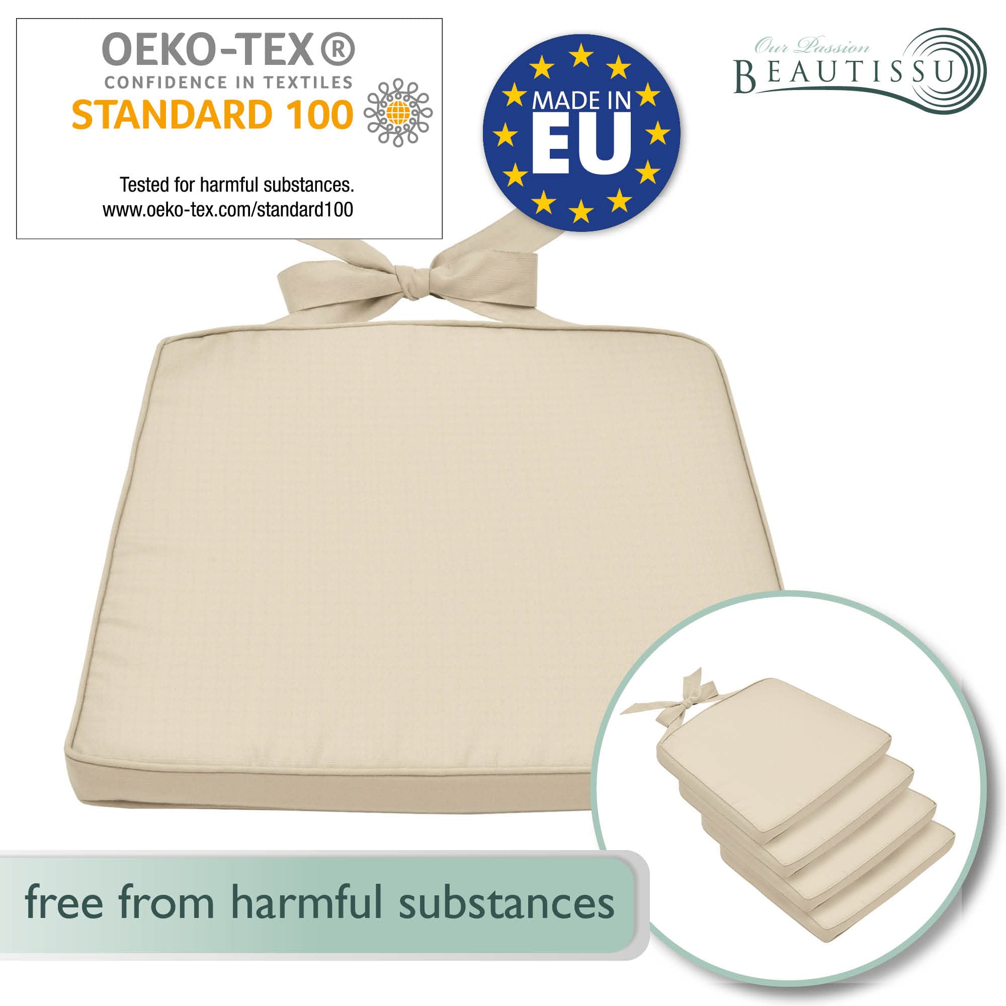 Beautissu Cojines para sillas de Comedor e Jardin Mimbre Lavables | 40-45x40x5cm natural set de 4 asientos con fundas rattan exterior Pia