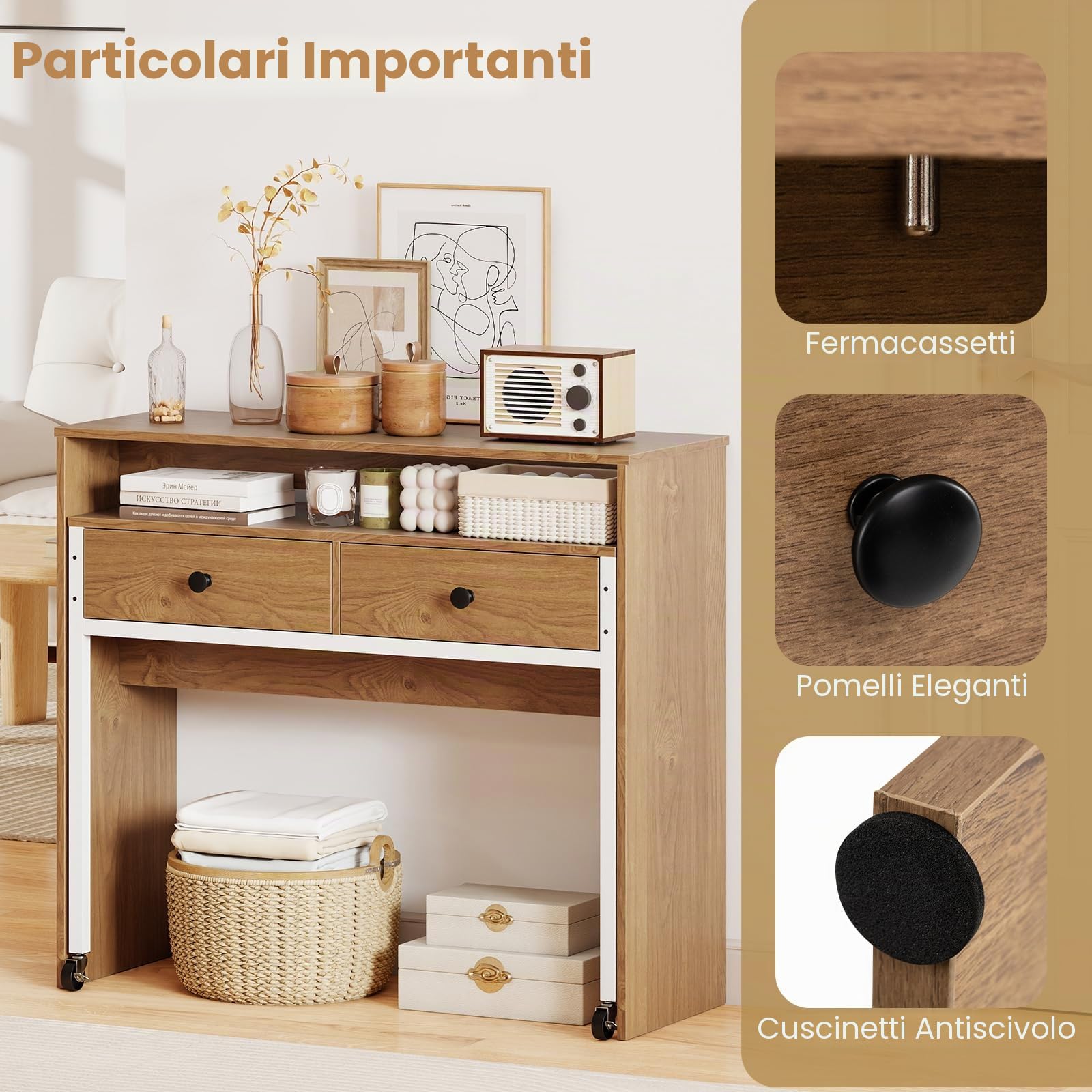LIFEZEAL Scrivania per computer estensibile, tavolo portaoggetti con cassetti e ruote, tavolino salvaspazio per ufficio a casa, soggiorno, camera da letto