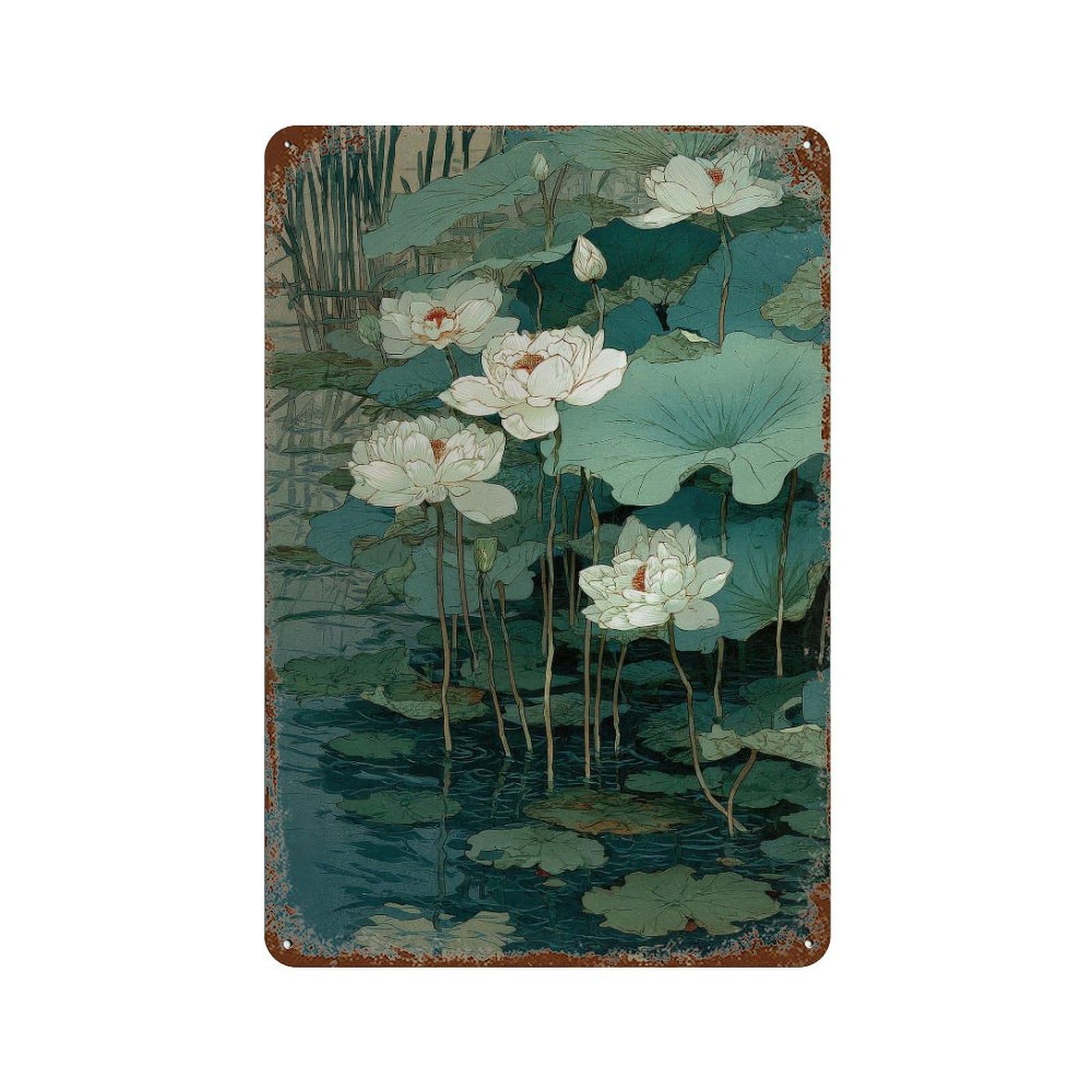 xiaoxiaoshen Lotus Flowers. Traditional Asian Botanical Nature Wall Decor Art Metal Tin Poster Modern Home Decor Art Home Bar Shop Decorations Vintage Sign 30x20cm