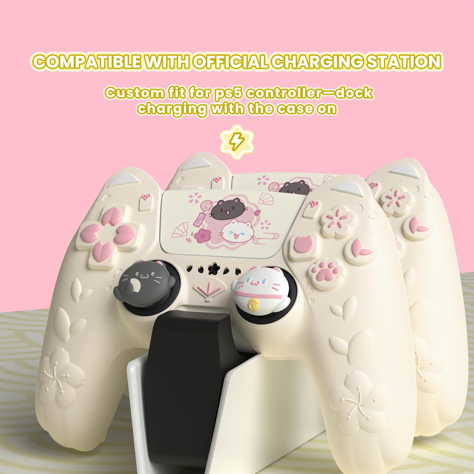 PlayVital Hülle für PS5 Controller, Kätzchen Serie Süße Schutzhülle für PS5 mit 3D Katzenohren, Daumengriff & Aufkleber, Kompatibel mit Ladestation, Anti-Rutsch, Antikgelb