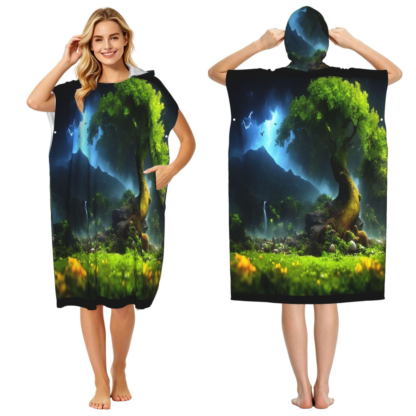 DTHKJNLSF Mountain Forest In The Rain Adult Hooded Beach Poncho Towel