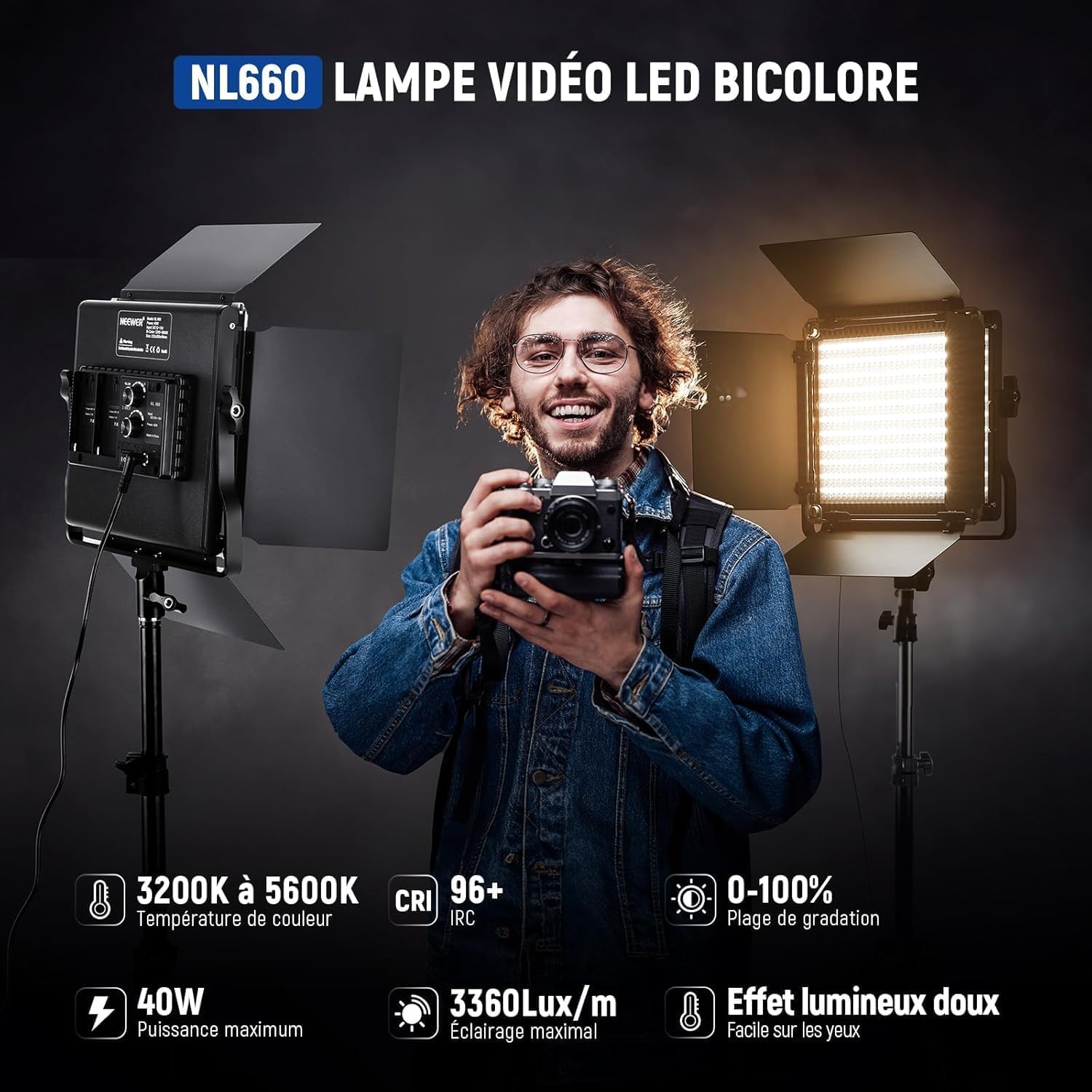 NEEWER Panneau Vidéo LED en Métal Professionnelle,Prise de Vue Vidéo,Cadre en Métal Durable,Intensité Variable 660 Perle,avec Support en U & Volets Coupe-flux,Température Bicolore de 3200-5600K CRI96+
