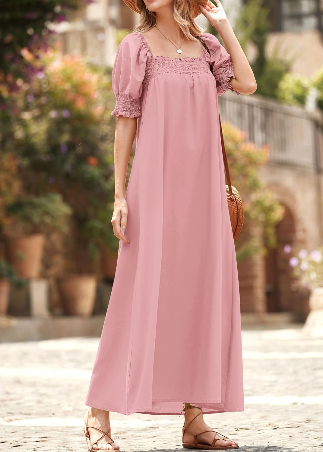 KIRUNDO Women 2026 Summer Maxi Dress Casual Loose Puff Sleeve Square Neck Maternity Flowy Long Beach Dresses with Pockets - Image 3