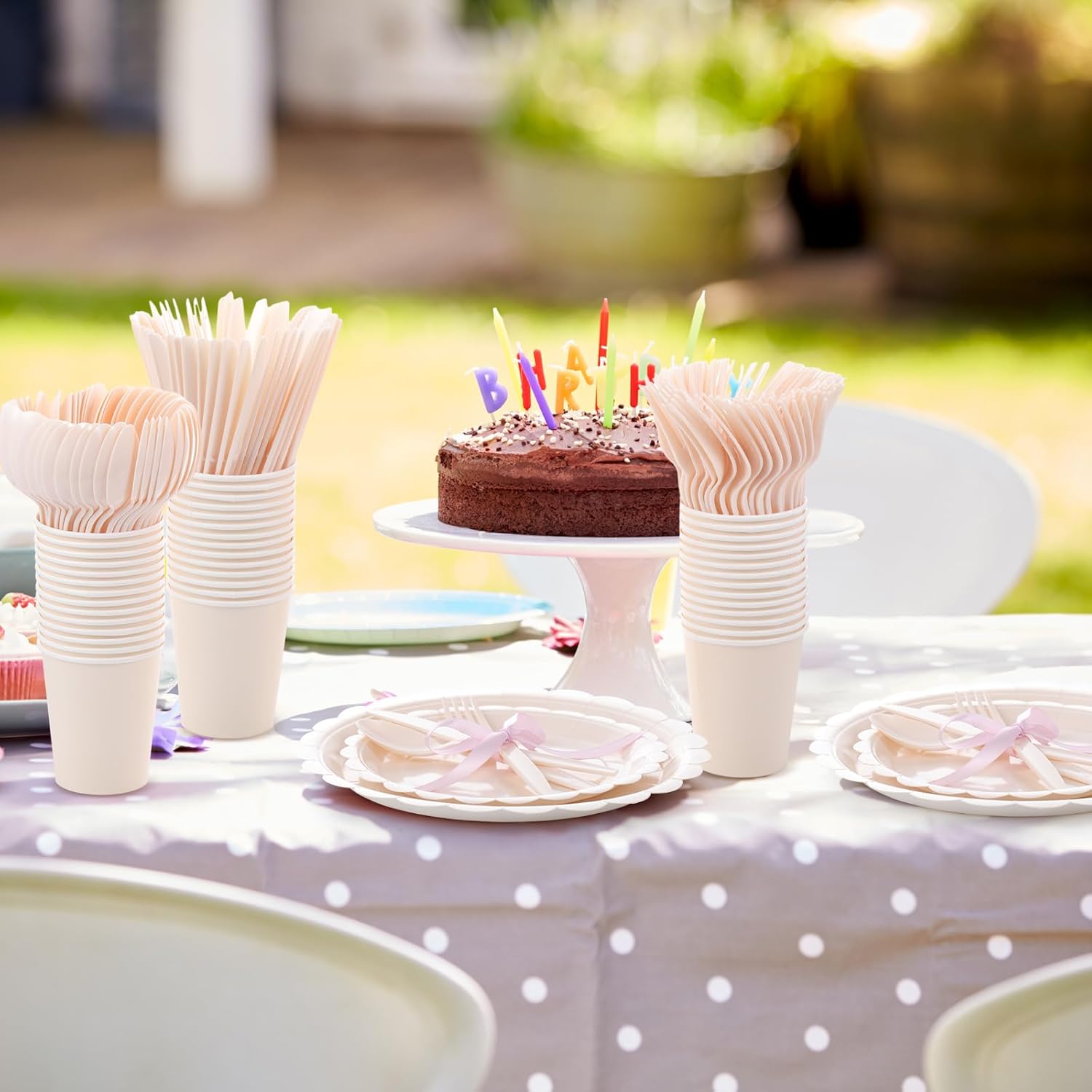 350 Pcs Ivory Plates and Napkins, 50 Guest Cream White Party Supplies Include Scalloped Paper Plates Napkins Cups Plastic Spoons Forks Knives Disposable Tableware Set for Weeding Bridal Shower - Image 4