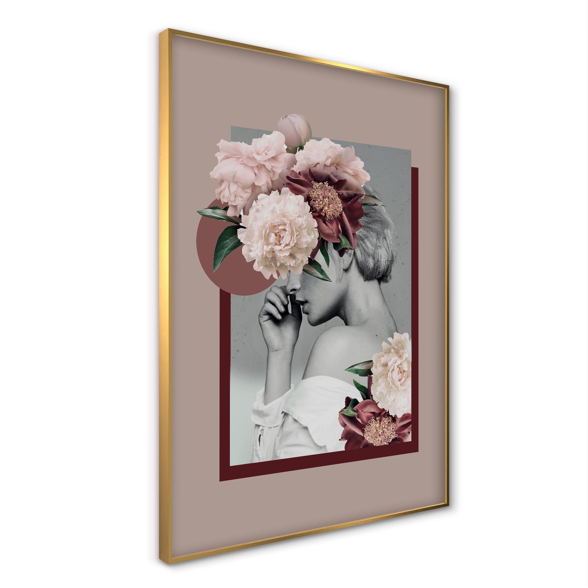 STYLER Tableau encadré B & W Girl 50 x 70 cm I Artbox Cadre doré femme fleurs rose moderne bouquet noir et blanc Décoration murale pour salon chambre à coucher Décoration murale avec