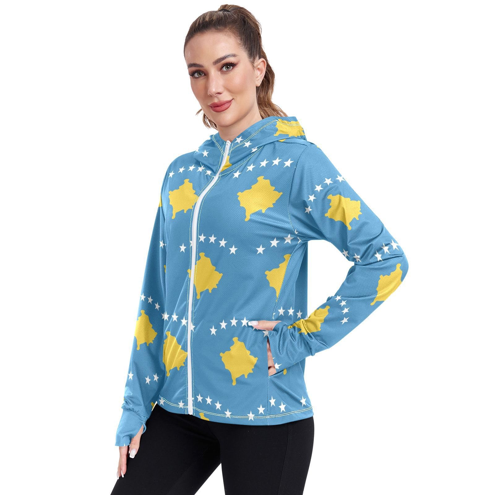 Kosovo Flag Women's UPF 50+ Sun Protection Hoodie Jacket Lightweight Long Sleeve Sun Shirt with Pocket Multicoloured