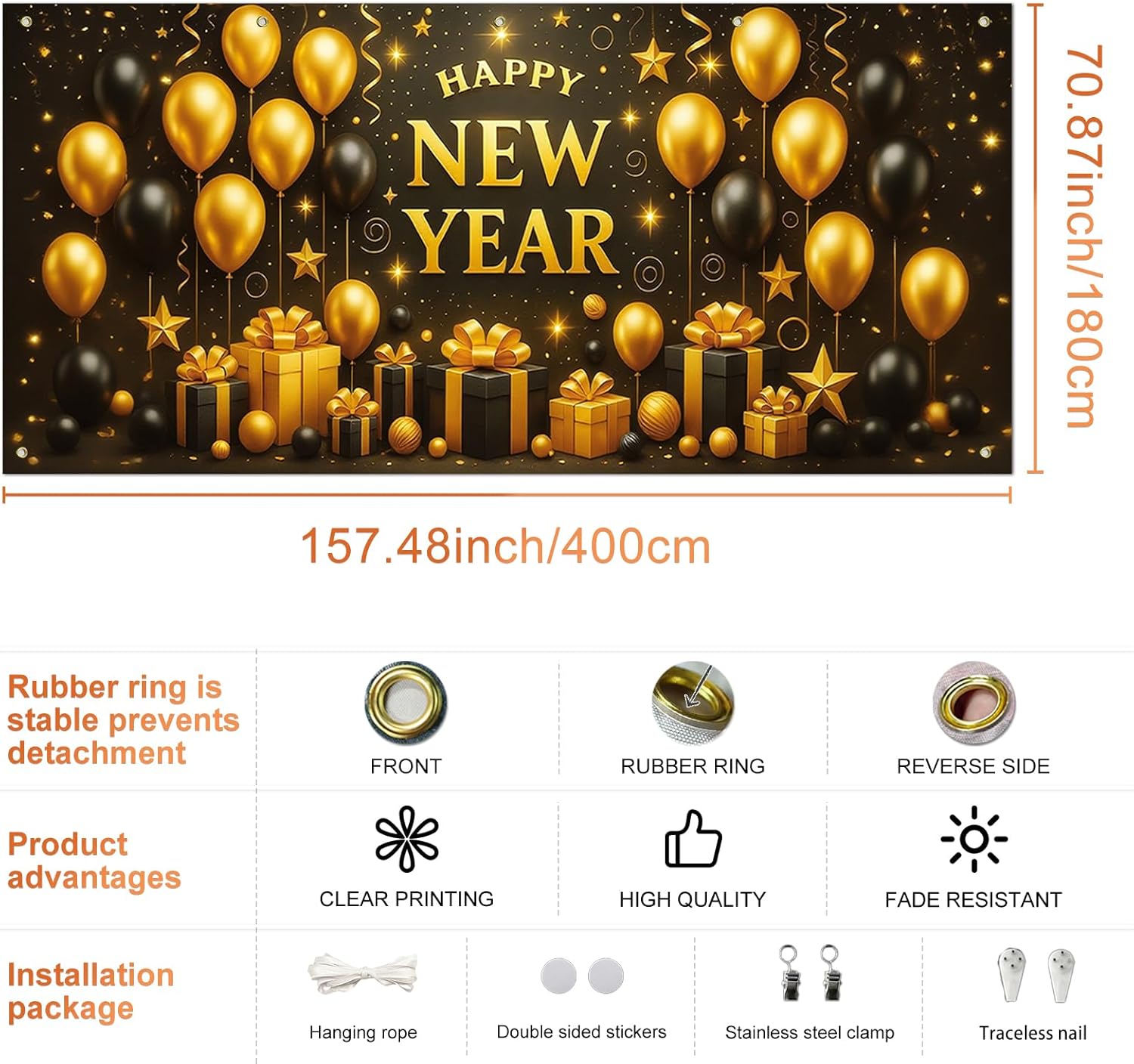 IVN Happy New Year Garage Door Banner Black and Gold Happy New Year Balloon Gift Box Design 13x6ft Garage Door Cover Outdoor Garage Backdrop Decoration for New Year Eve Party Home Yard Exterior Decor