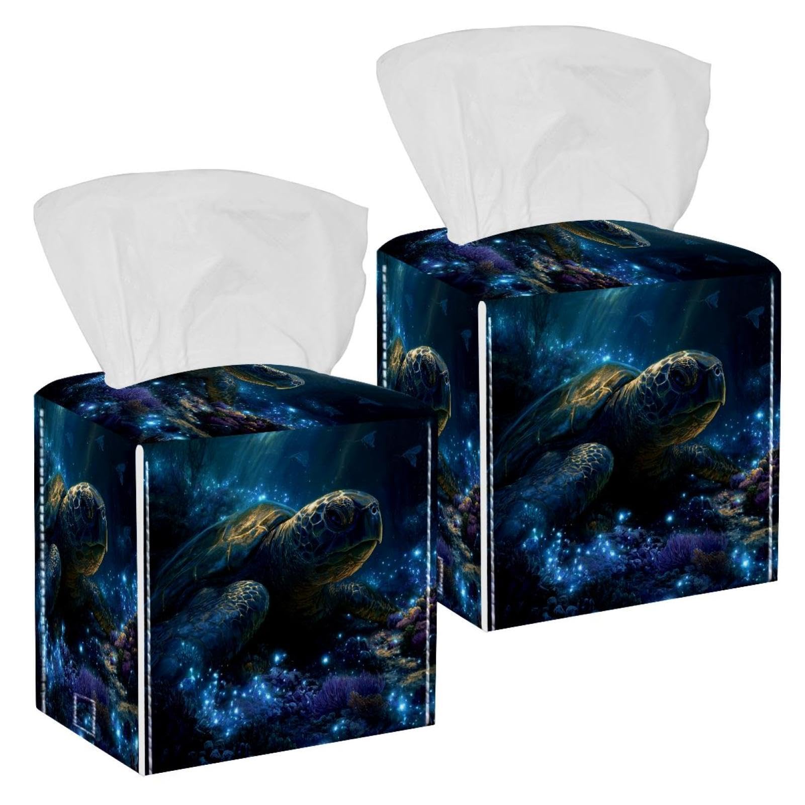 Sea Turtles Tissue Box Cover, 2 Pack PU Leather Square Facial Tissue Dispenser Box holder for Home Office Car