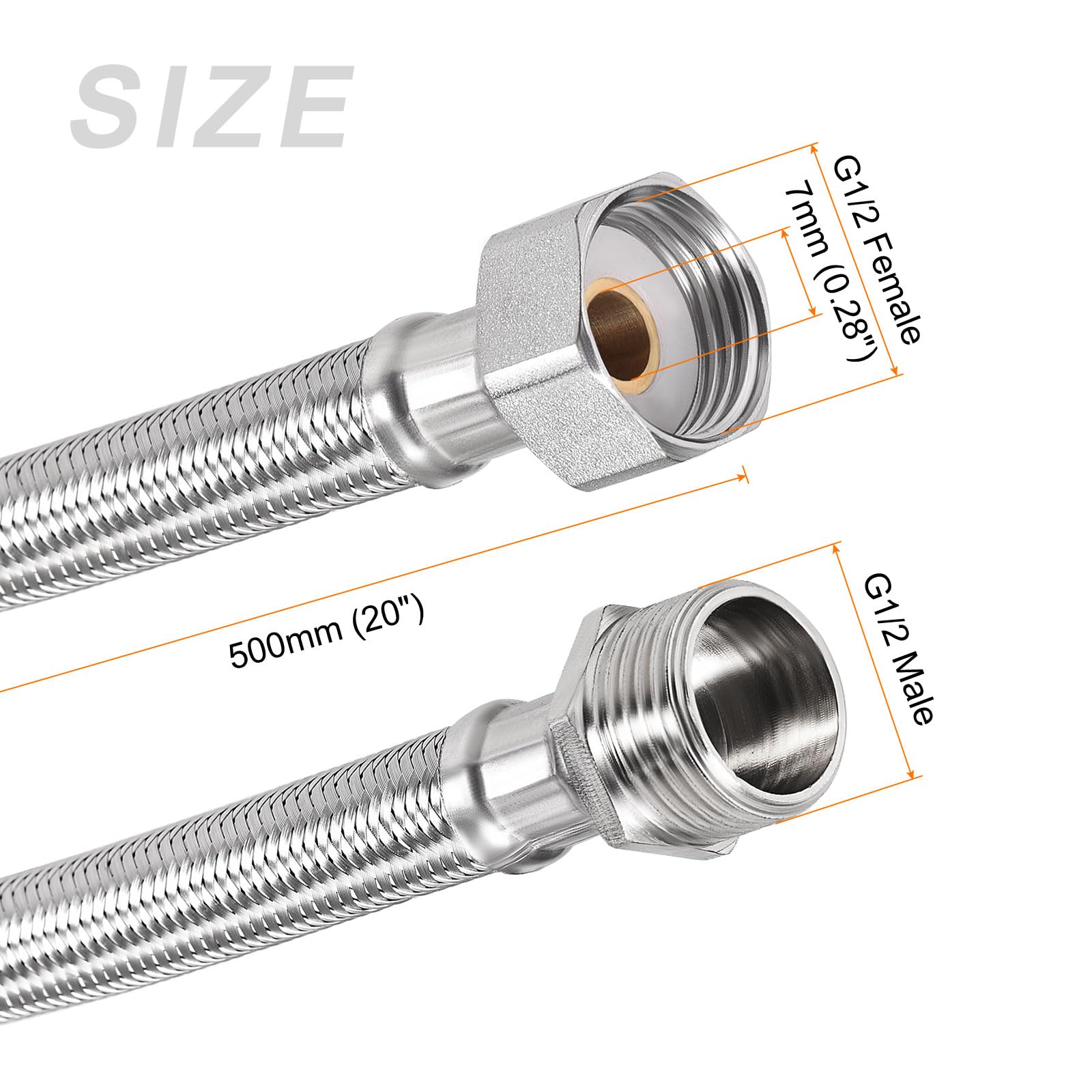 METALLIXITY Conector De Línea De Suministro De Grifo (500mm/20") 2Pcs, Conector De Manguera De Suministro De Agua De Acero Inoxidable 304 G1/2 Hembra A G1/2 Macho - Para Cocina Baño